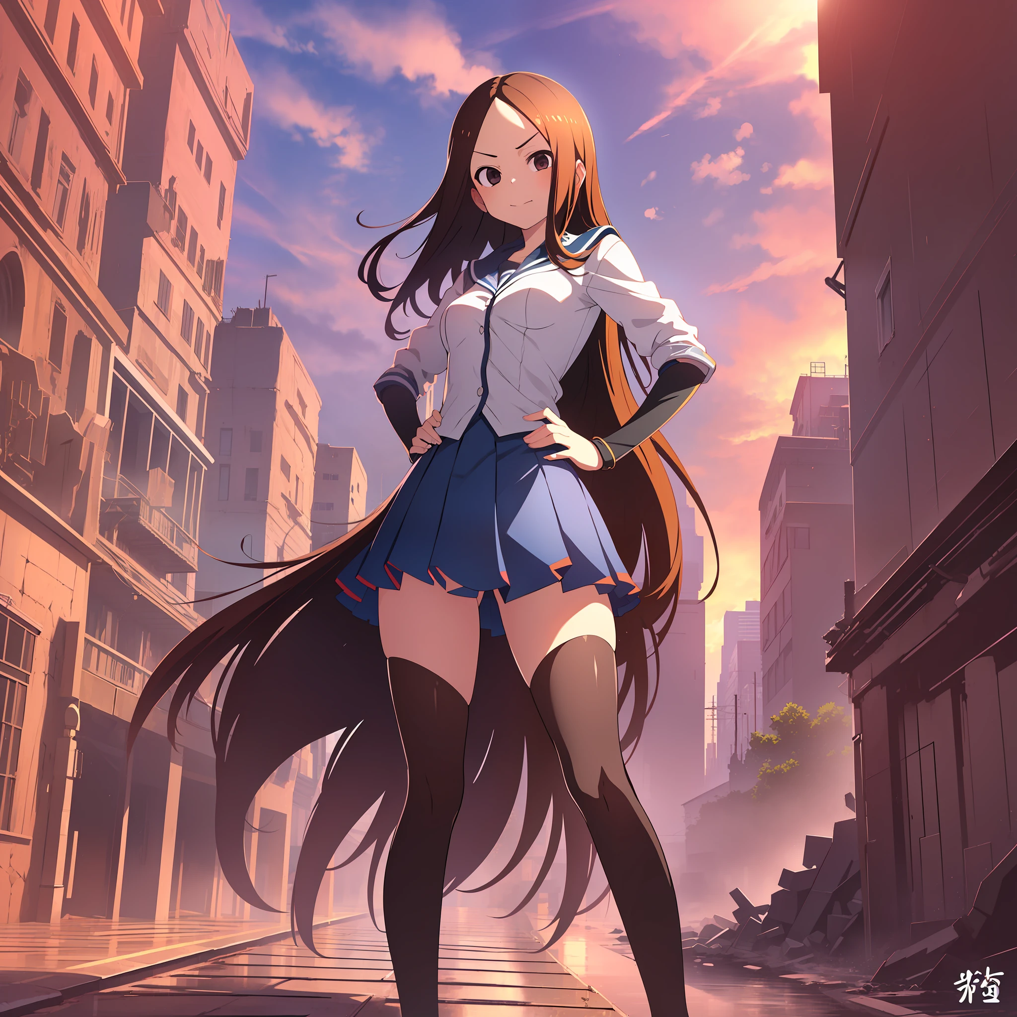 (Masterpiece, Superb Quality, Super Delicate, High Resolution), Female Focus, Happy Expression, (Pretty Girl Costume), Angry Expression, (Hands on Hips), ((((Solo))), City Ruins, Background Details, Full Body