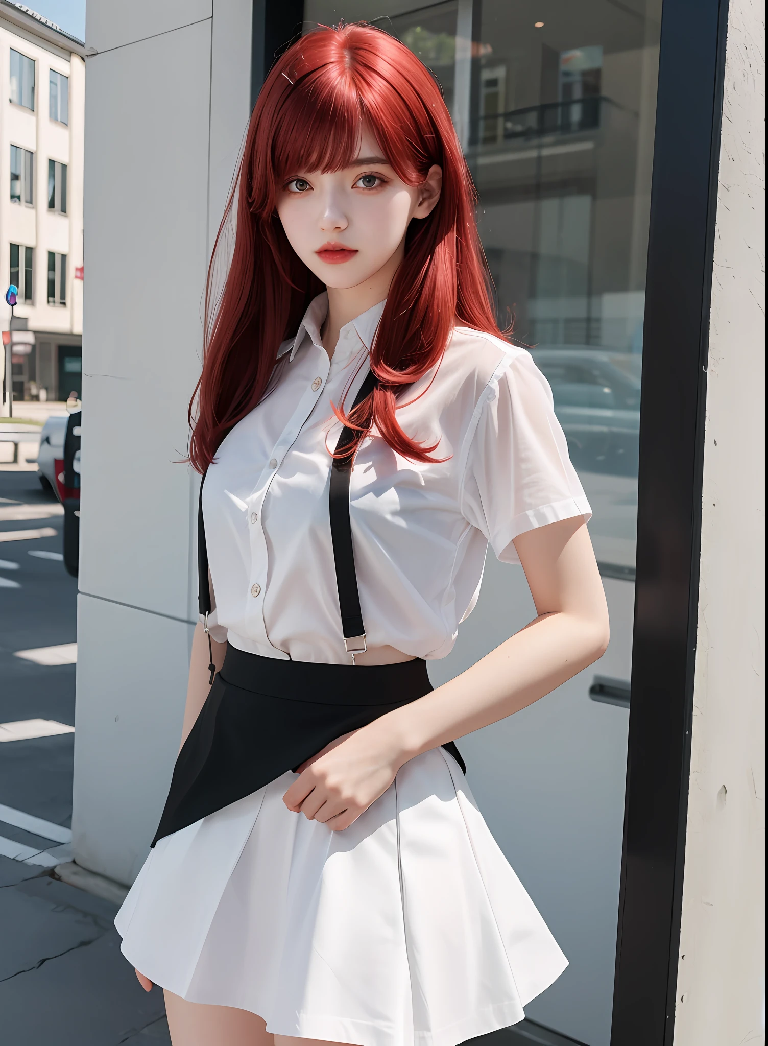 Schoolgirl, 19 years old, realistic, she wears a white transparent shirt above, a short black skirt underneath, [nfsw,], red hair.