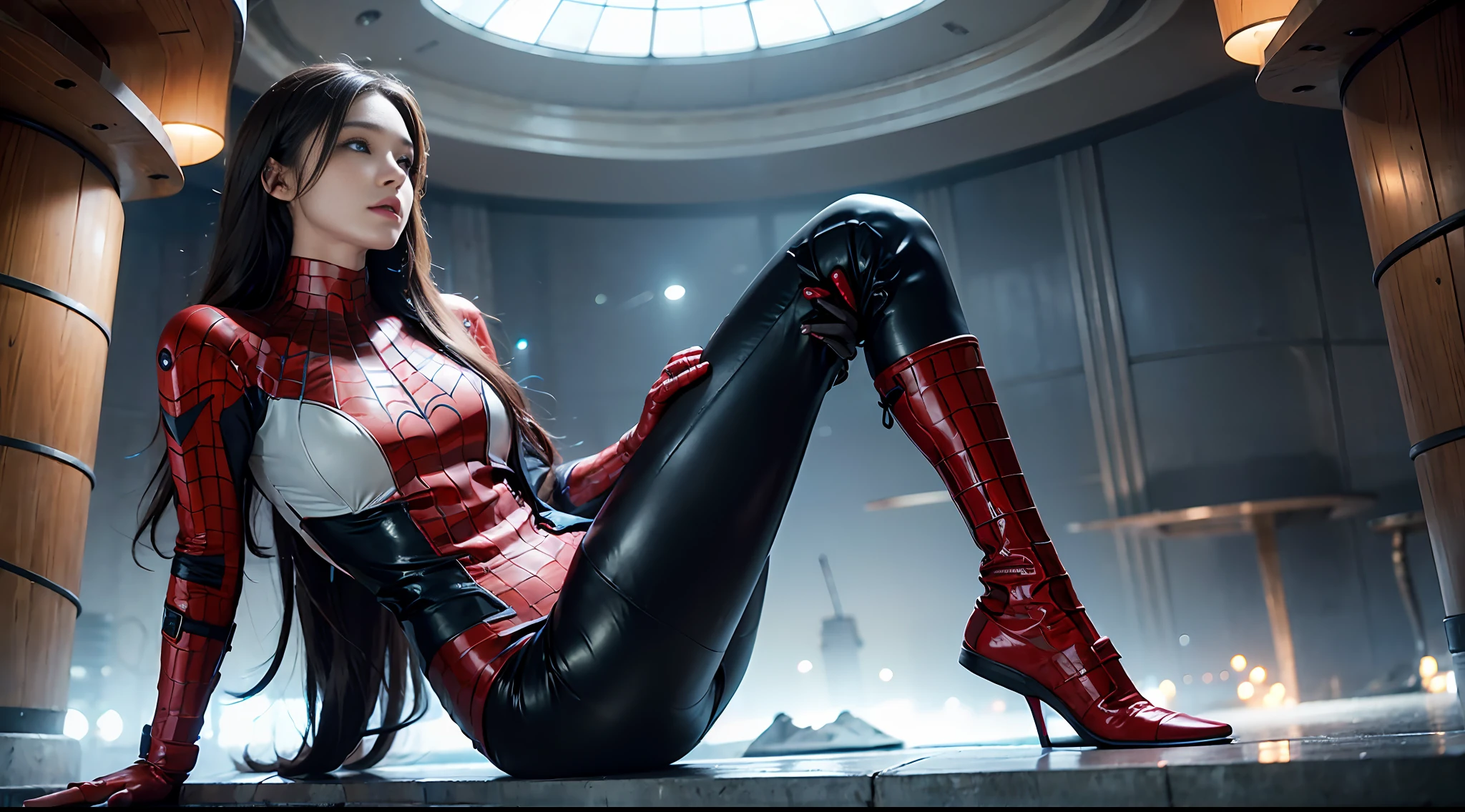 RAW, Masterpiece, Super Fine Photo,, Best Quality, Ultra High Resolution, Photorealistic, Sunlight, Full Body Portrait, Stunningly Beautiful, Dynamic Poses, Delicate Face, Vibrant Eyes, (Side View) , she is wearing a futuristic Iron Lady Spiderman costume, very detailed background, detailed face, detailed and complex busy background, messy, gorgeous, milky, high detailed skin, realistic skin details, visible pores, sharp focus, Volumetric fog, 8k uhd, dslr, high quality, film grain, fair skin, photorealism, lomography, sprawling metropolis in a futuristic dystopia, view from below, translucent