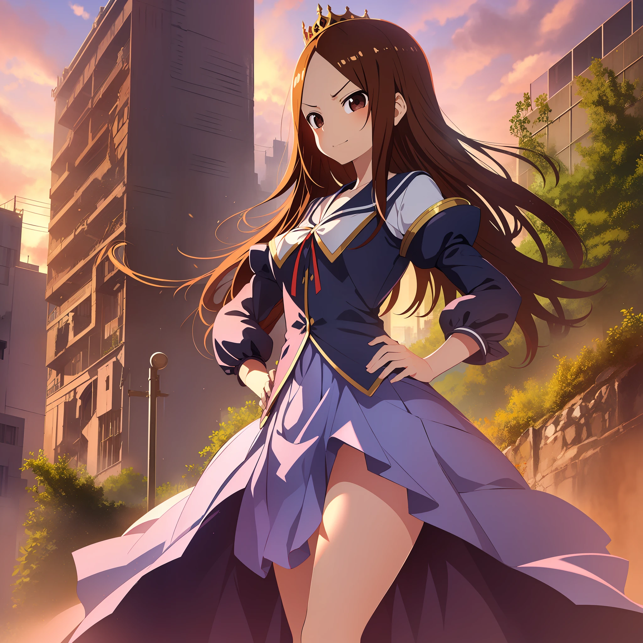 (Masterpiece, Superb Quality, Super Delicate, High Resolution), Female Focus, Happy Expression, (Princess Dress), Angry Expression, (Hands on Hips), ((((Solo))), City Ruins, Background Details, Full Body