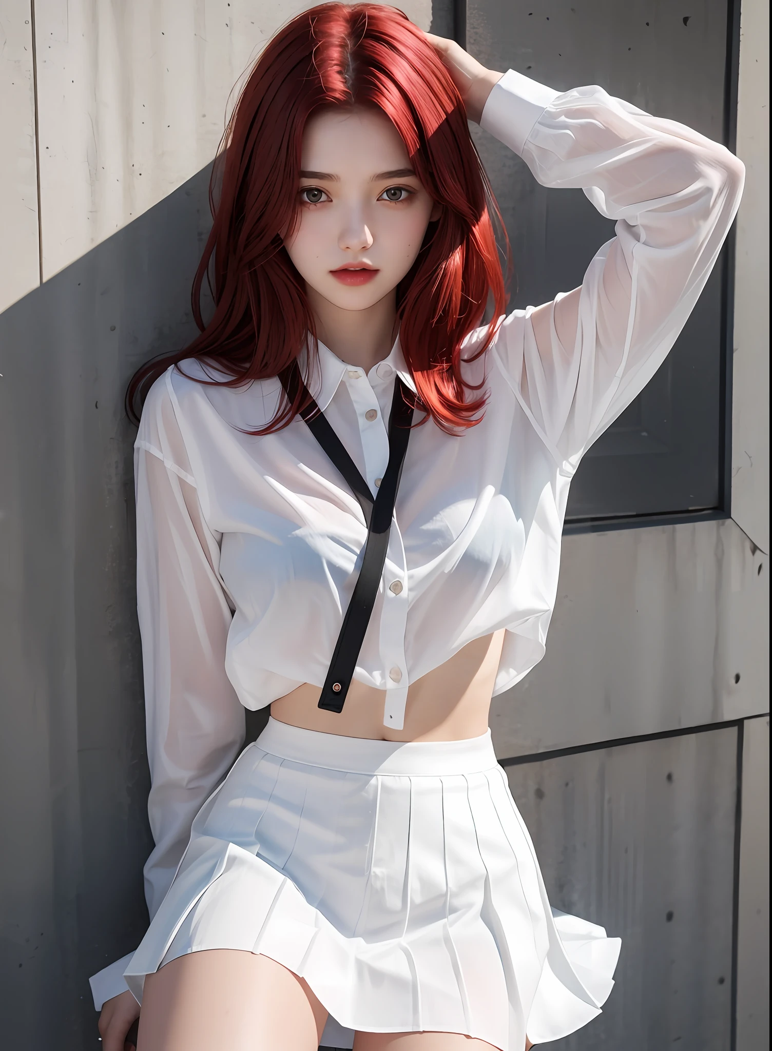 Schoolgirl, 19 years old, realistic, she wears a white transparent shirt above, a short black skirt underneath, [nfsw,], red hair.