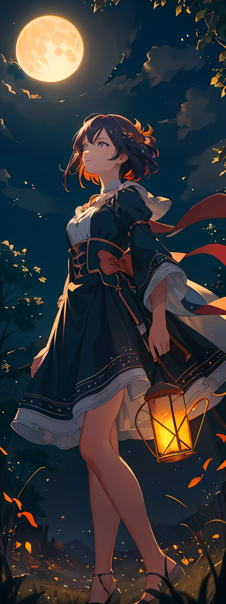 A wide landscape photo, (viewed from below, the sky is above, and the open field is below), a girl standing on a flower field looking up, (full moon: 1.2), (meteor: 0.9), (nebula: 1.3), distant mountains , Trees BREAK Crafting Art, (Warm Light: 1.2), (Firefly: 1.2), Lights, Lots of Purple and Orange, Intricate Details, Volumetric Lighting BREAK (Masterpiece: 1.2), (Best Quality), 4k, Ultra Detailed, (Dynamic Composition: 1.4), Rich in Detail and Color, (Rainbow Color: 1.2), (Glow, Atmospheric Lighting), Dreamy, Magical, (Solo: 1.2)