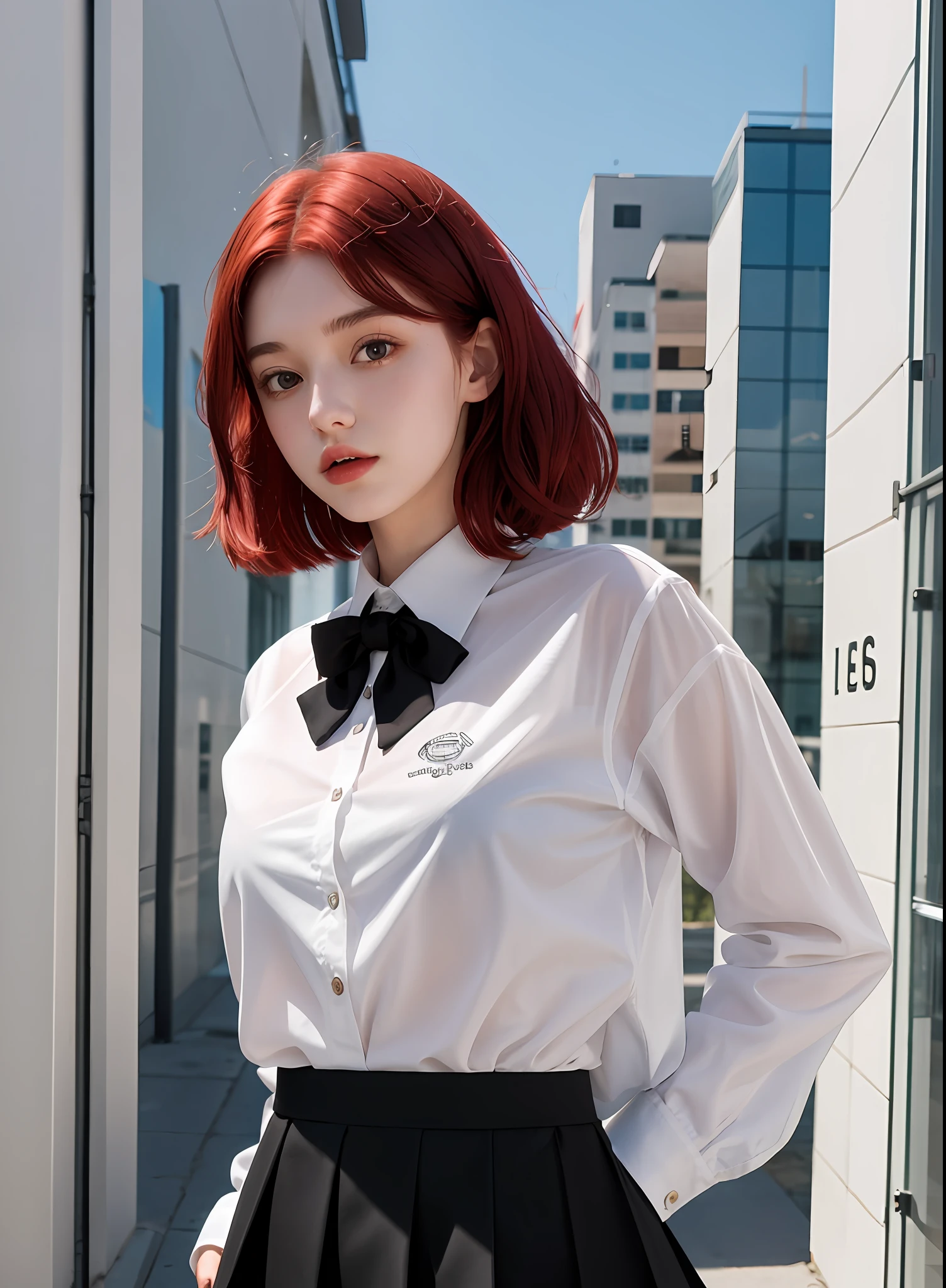 Schoolgirl, 19 years old, realistic, she wears a white transparent shirt above, a short black skirt underneath, [nfsw,], red hair.