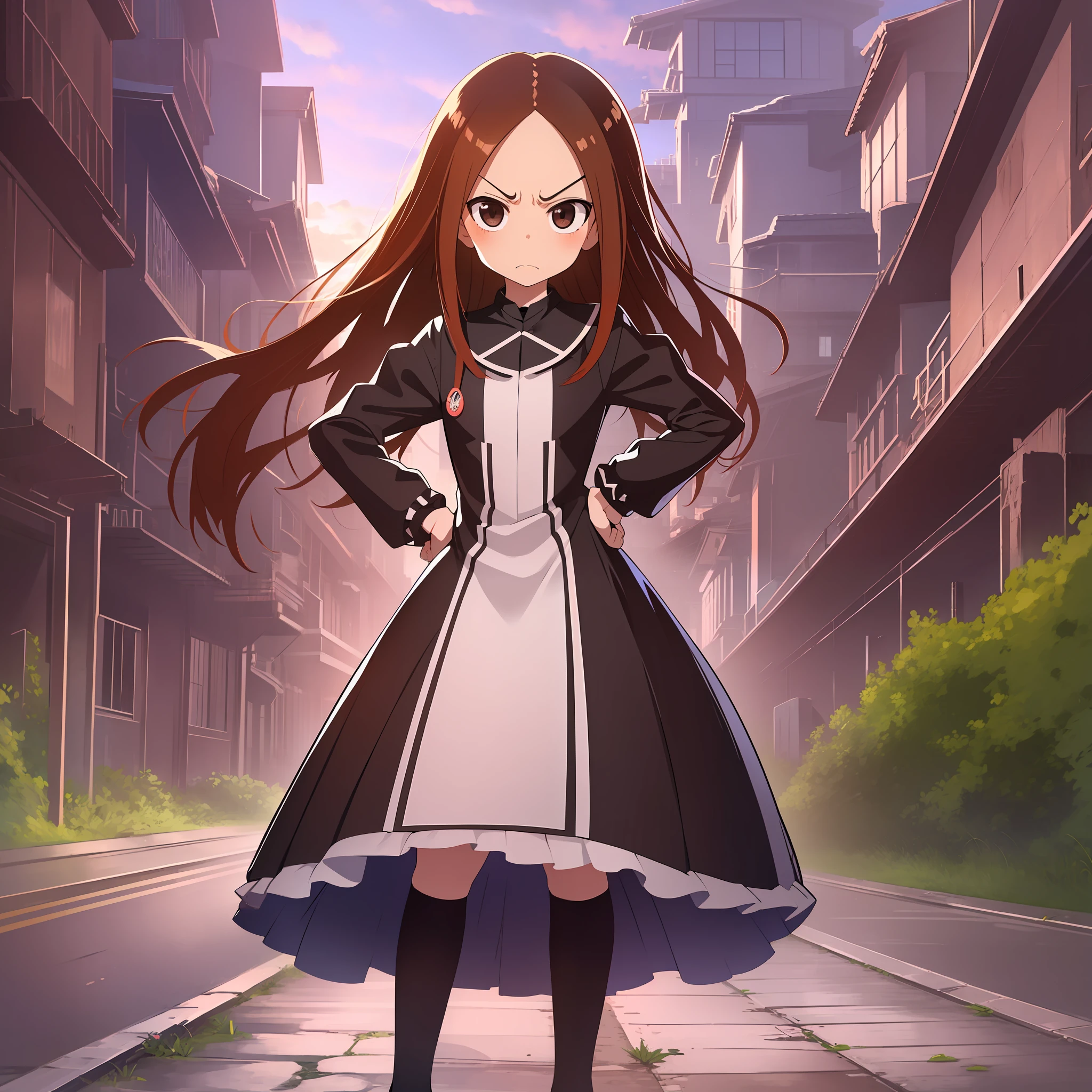 (Masterpiece, Superb Quality, Super Delicate, High Resolution), Female Focus,  Girl, Angry Expression, (Princess Dress), Angry Expression, (Hands on Hips), (((Solo))), City Ruins, Background Details, Full Body