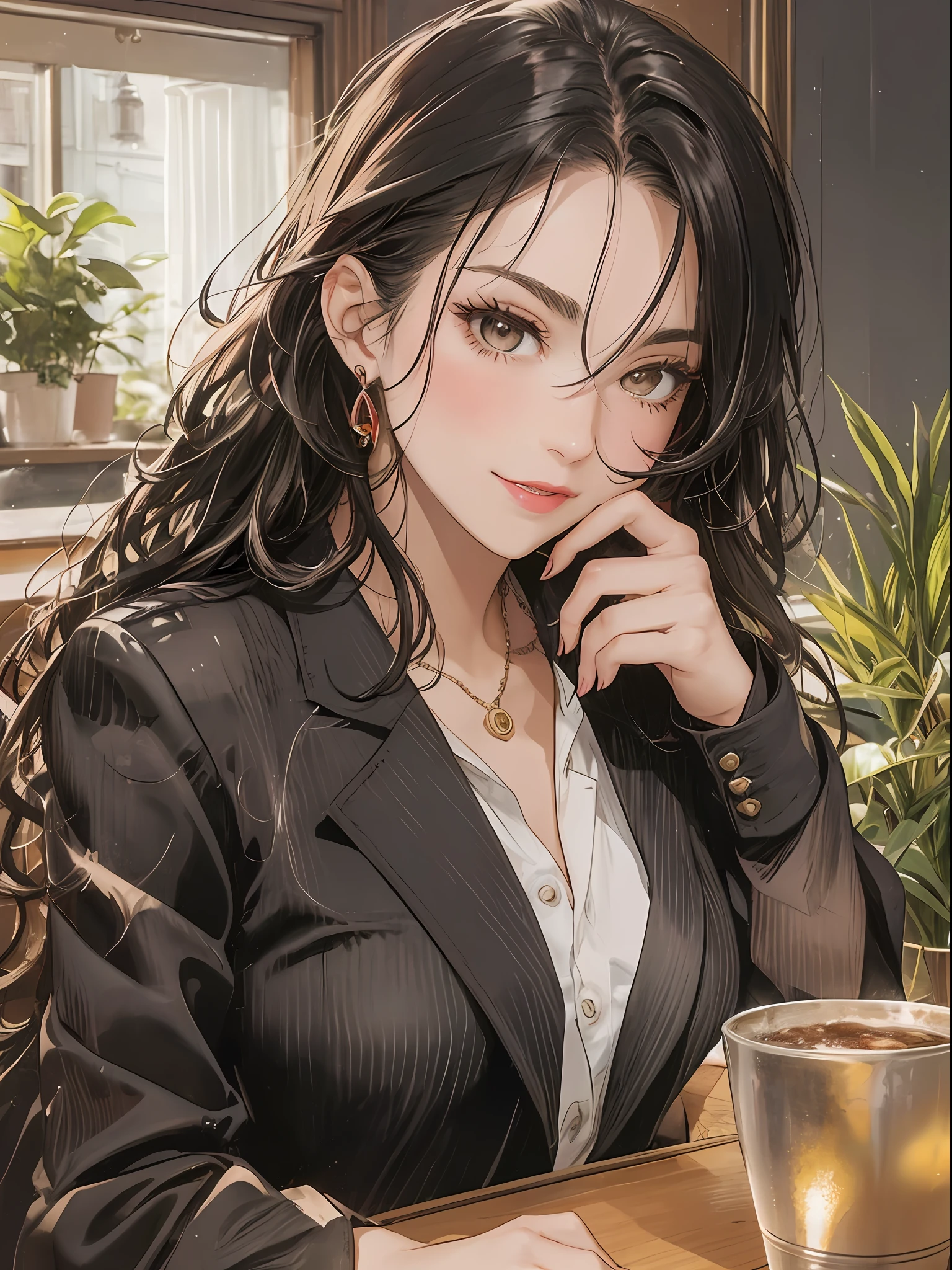 An adult woman, European, black spiky hair, light brown eyes degrade with yellow, red lipstick, eye shadow, blush, tired expression, affectionate smile, dressed in an open black blazer, red dress shirt, long ruby earrings, sitting in a café, putting her hair behind her ear, a little light sepia in the lighting, light effects in various directions, Cold weather, indoor plants, sunny day, wavy hair