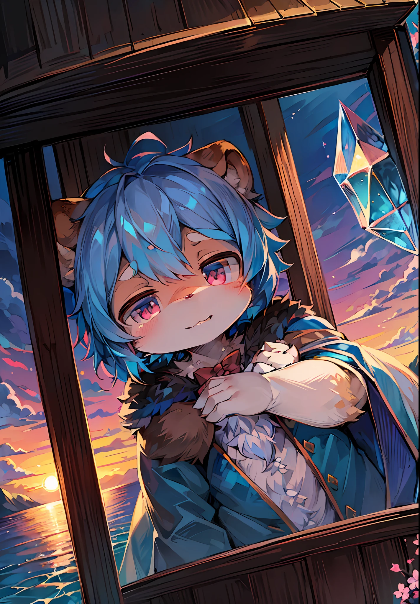 (Bright Environment: 0.8), Masterpiece, High Quality, Abstract Res, Digital Painting\(artwork\), by Dagasi, Yupa, Kiyosan, (Anthro, Fluffy Fur, Character Focus: 1.1), Short Hair, Portrait, Twinkle Eyes, Panorama (detailed background:0.7), Solo, Hairy, Male, Junior (Full body cape, fluffy tail, blue fur, blue-pink eyes, Blue hair: 1.2), (Bear, bow, crystal, flower: 1.2), (Sunset, Ocean, Bright, Moon: 1.1)
