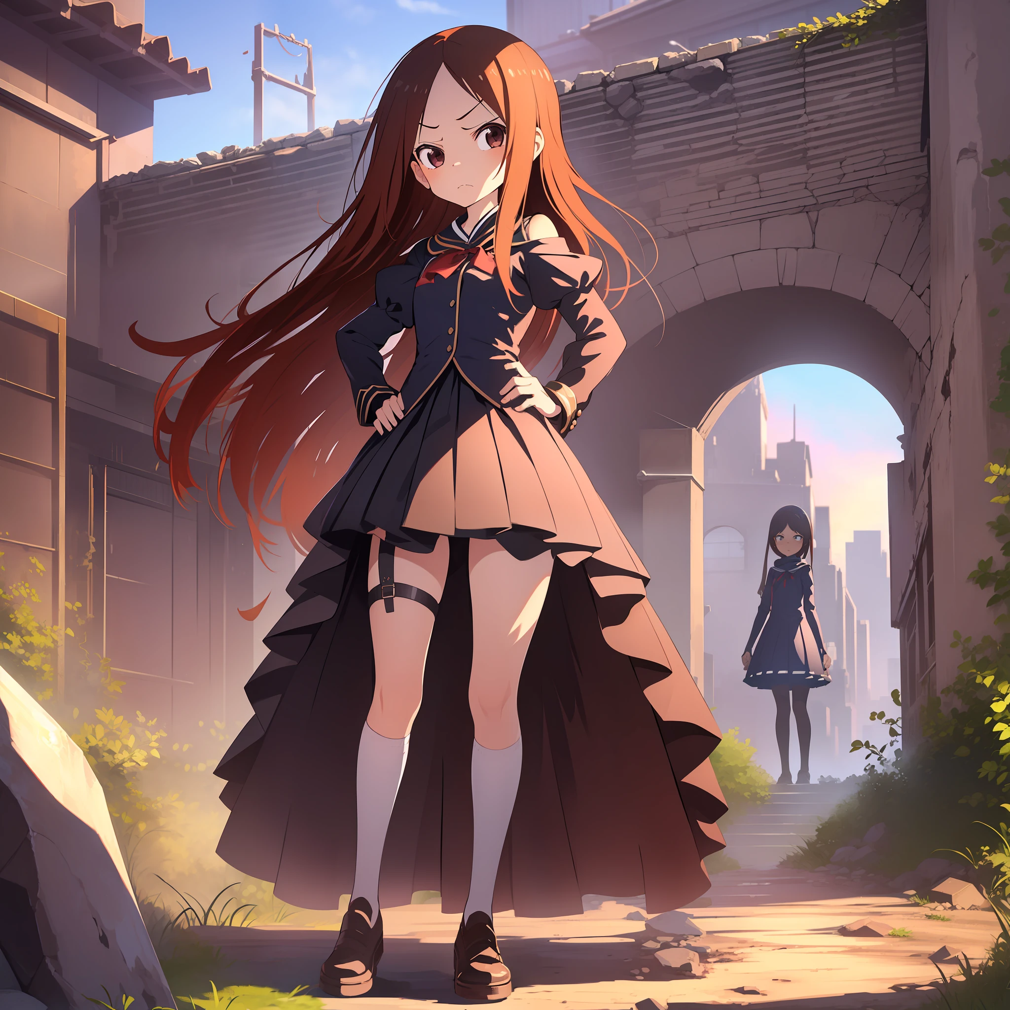 (Masterpiece, Superb Quality, Super Delicate, High Resolution), Female Focus, Little Girl, Angry Expression, (Princess Dress), Angry Expression, (Hands on Hips), (((Solo))), City Ruins, Background Details, Full Body