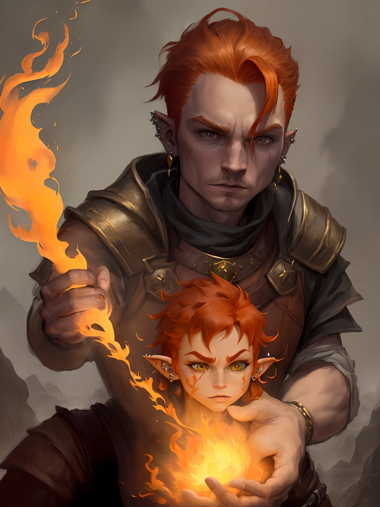 "(fantasy portrait:1.2, trend:1.1, character D&D, by Nína Tryggvadóttir:1.1, red hair:1.1, piercings, man, halfling, realistic:1.2) fighting a huge golden dragon in an epic and vibrant scene, with a dark atmosphere and the presence of flames and smoke."