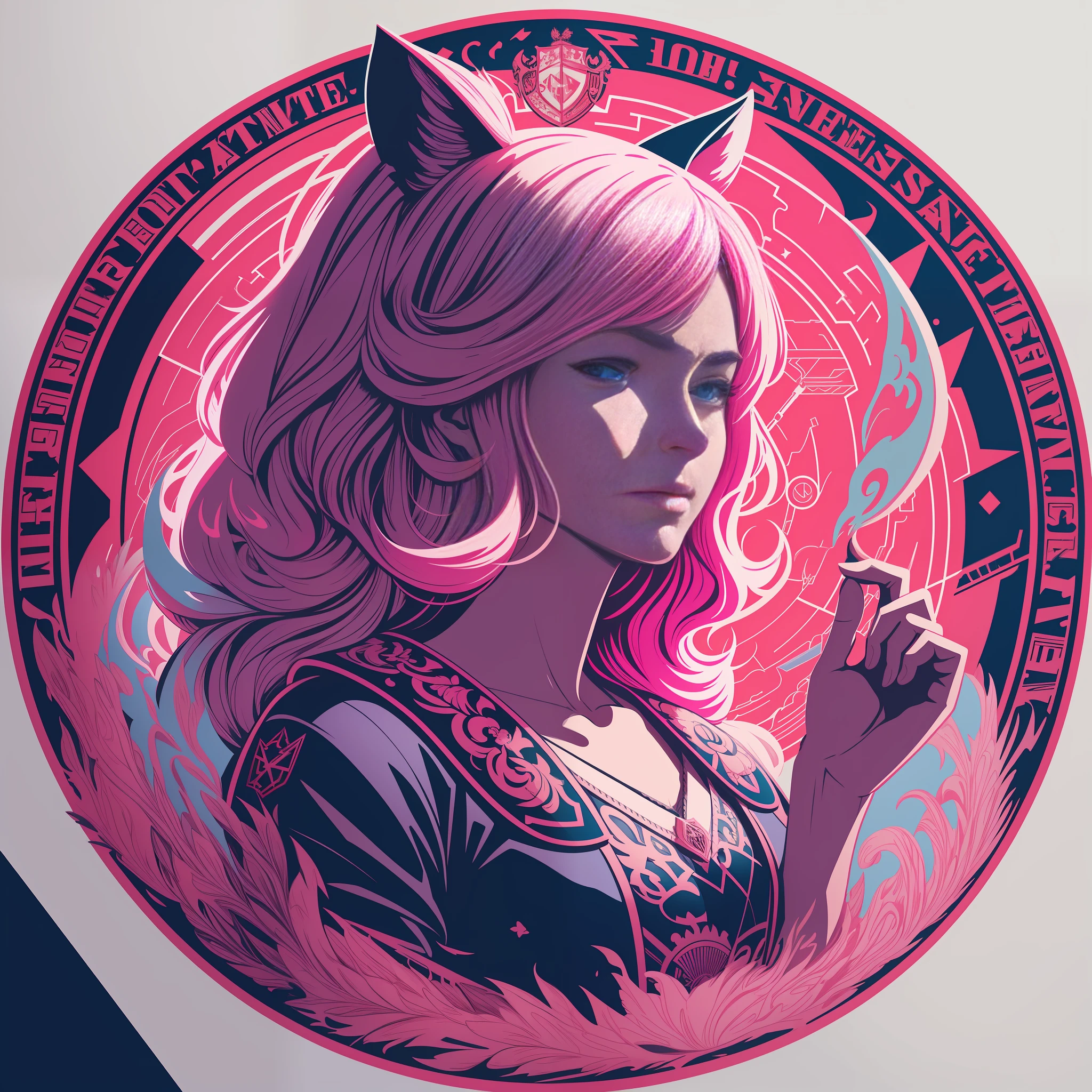 [Pink gravure idol] circular coat of arms silhouette, logo masking style illustration, Dan Mumford, Greg Rutkowski, James Jean, white background, fantasy art, mysterious, realistic, majestic, rich vivid colors, high contrast, seamless water brand, art station, devian art, dribbling, red bubble, Tee public, sharp focus, simple, hyper detail, detailed drawing, vectorization, outline, isometric style, 8k.