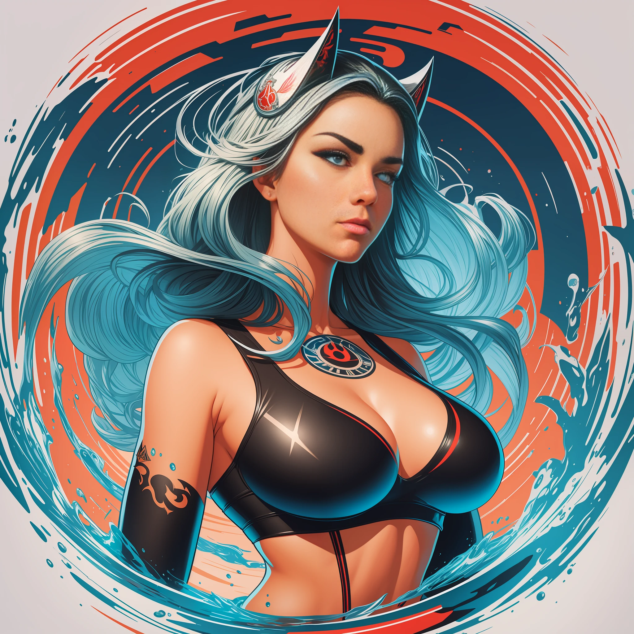 [Woman in bikini, big breasts] circular heraldic silhouette, logo masking style illustration, Dan Mumford, Greg Rutkowski, James Jean, white background, fantasy art, mysterious, realistic, majestic, rich vivid colors, high contrast, seamless water brand, art station, deviant art, dribbling, red bubble, Tee public, sharp focus, simple, hyper detail, detailed drawing, vectorization, outline, isometric style, 8k.
