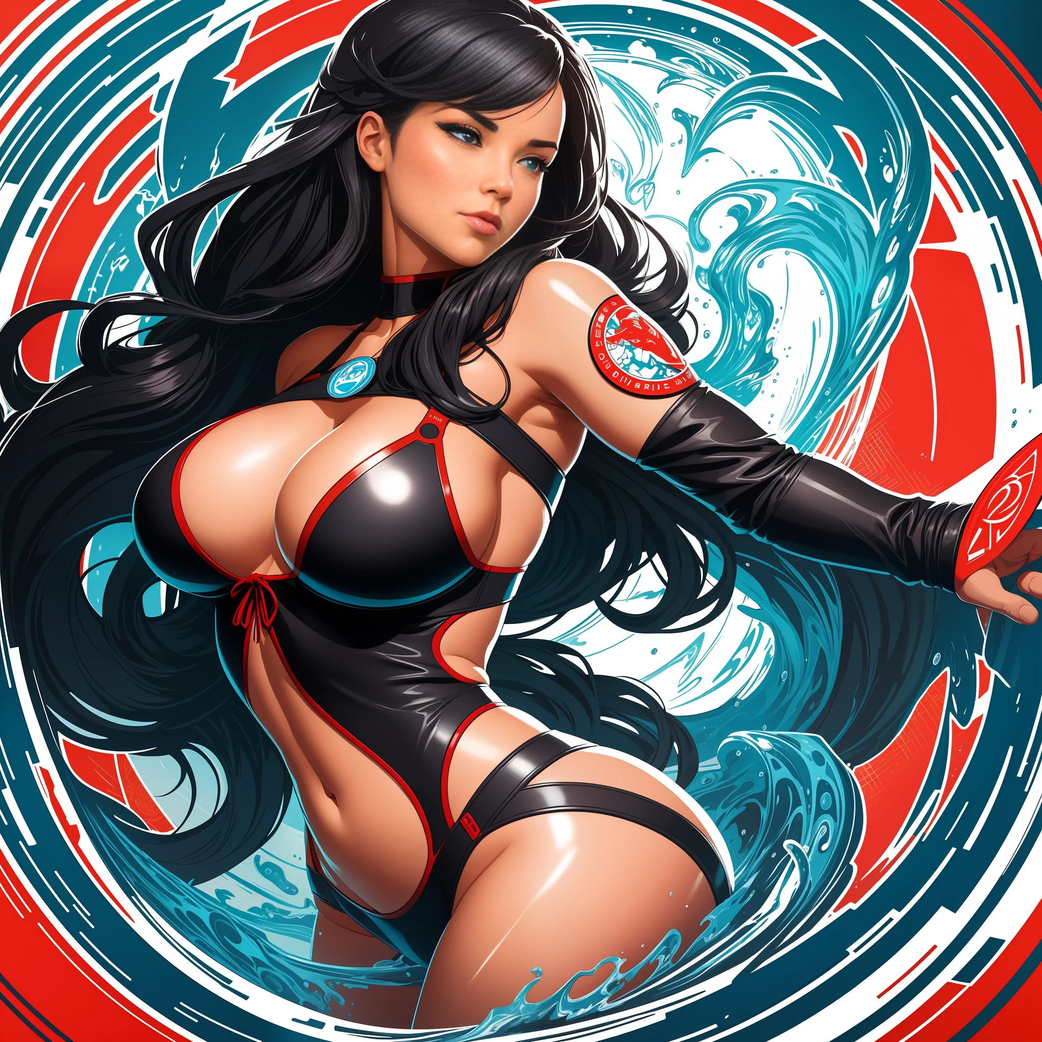 [Woman in bikini, big breasts] circular heraldic silhouette, logo masking style illustration, Dan Mumford, Greg Rutkowski, James Jean, white background, fantasy art, mysterious, realistic, majestic, rich vivid colors, high contrast, seamless water brand, art station, deviant art, dribbling, red bubble, Tee public, sharp focus, simple, hyper detail, detailed drawing, vectorization, outline, isometric style, 8k.