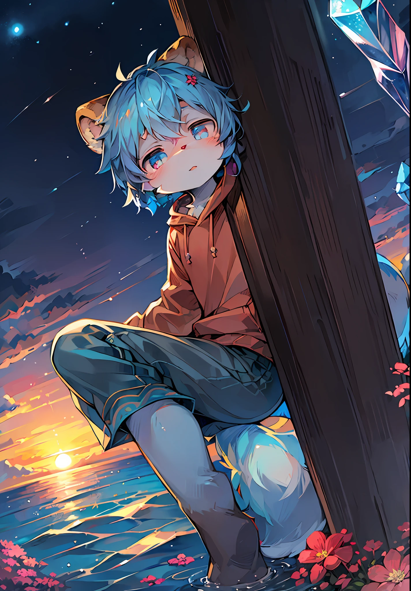 (Bright Environment: 0.8), Masterpiece, High Quality, Abstract Res, Digital Painting\(artwork\), by Dagasi, Yupa, Kiyosan, (Anthro, Fluffy Fur, Character Focus: 1.1), Short Hair, Portrait, Twinkle Eyes, Panorama (detailed background:0.7) Hairy, male, juvenile (full body sweatshirt, fluffy tail, blue fur, blue-pink eyes, blue hair: 1.2), (bear, bow, crystal, flower: 1.2), (sunset, ocean, bright, moon: 1.1)