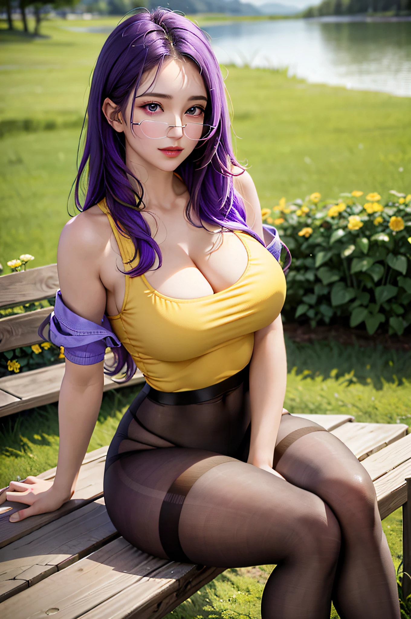 1 girl, solo, colorful, (masterpiece, best quality: 1.3), (absurd: 1.3), (photorealistic: 1.3), (skin detail: 1.3, detailed face: 1.3), sitting, looking at the viewer, sharp focus, delicate, beautiful cute girl, big erect breasts, (thick thighs: 1.2, big ass: 1.6), (shiny skin: 1.4), light smile, (big_eyes: 1.2, pale purple eyes), wooden bench, flower, grass, lake, (cloudy sky: 1.3), (rain:0.5), dark purple tights, ((dark yellow clothes)), ((hair black and purple)), tight-fitting, ultra realistic, realism, photorealism, full-length, valerica steele