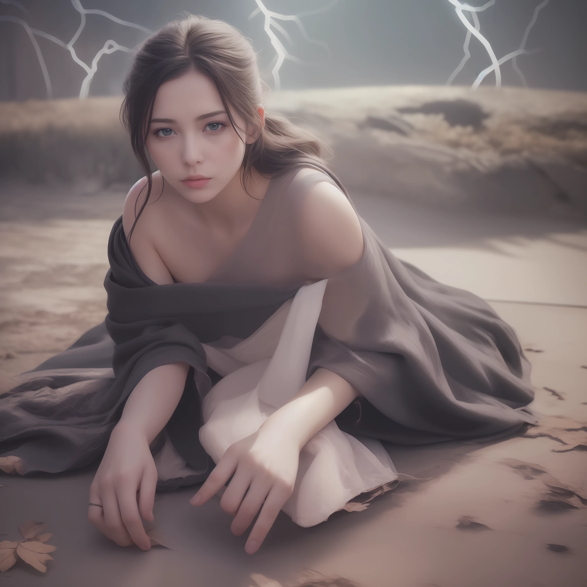 (Lying on the Ground:2), PAINFUL, (One Bare Shoulder:1.5), Full Body Shot ,(Skindentation:1.5), Realistic, Realistic, (Masterpiece:1.5), Concept Art, Intricate Detail, Highly Detailed, Realistic, Octane Rendering, 8K, Unreal Engine, Dynamic Poses, Best Quality, High Resolution, (Realistic Face:1.1), (Hyperrealism: 1.1), ((full_ body)), perfect eyes, (shiny skin: 1.2), (((hairstyle))), ((perfect hands))), (very detailed background), ((dynamic background) ), ((lightning), (lightning), ((1girl)), wearing a cloak, (((flowing cloak))), ((detailed eyes, high quality eyes, high quality face)), (extremely complex robes, magic robes), casting lightning, electricity, rotating flame, radiant power, sparks, smoke, magic, ((dramatic)), Epic, Battlefield, Depth of field, Bokeh, 4K, Gothic, Ash, Particle