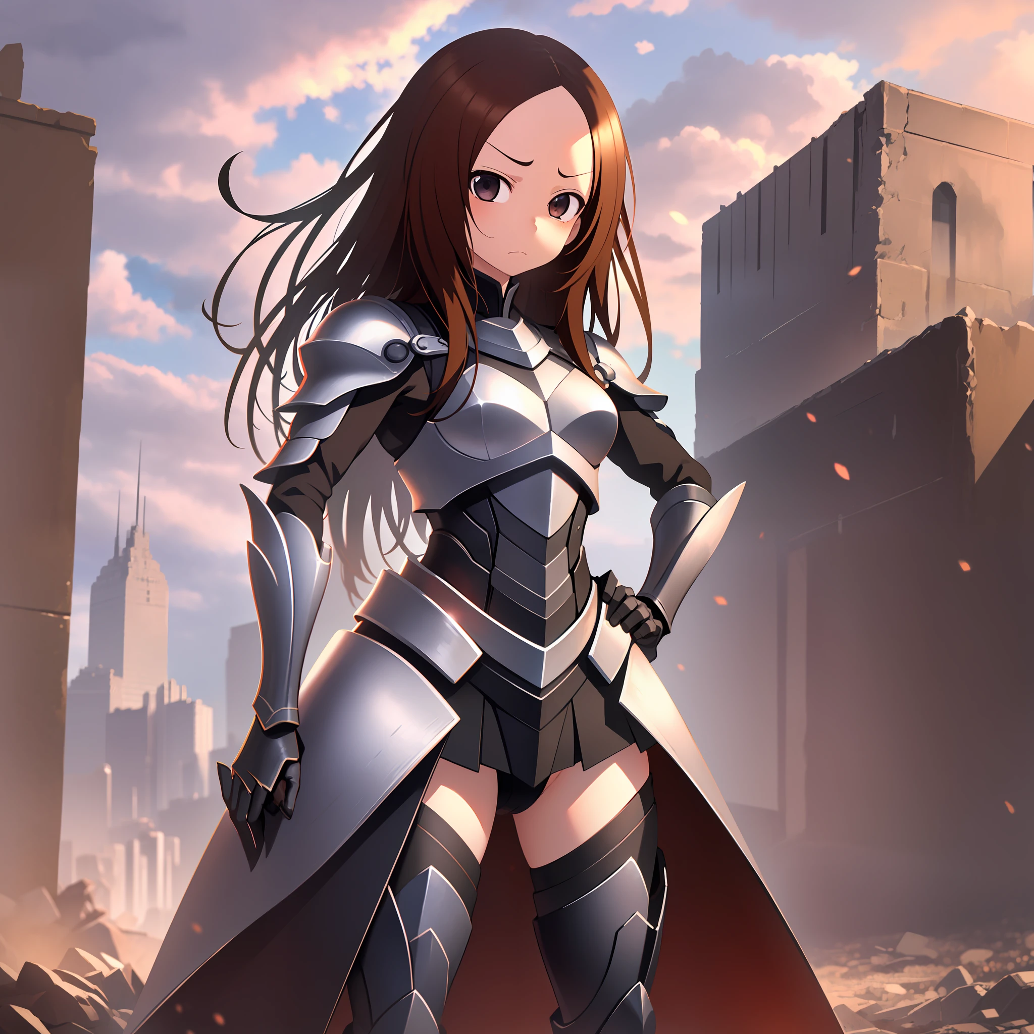 (Masterpiece, Superb Piece, Super Delicate, High Resolution), Female Focus, Little Girl, (Armor Dress), Angry Emoji, (Hands on Hips), (((Solo))), City Ruins, Background Details, Full Body