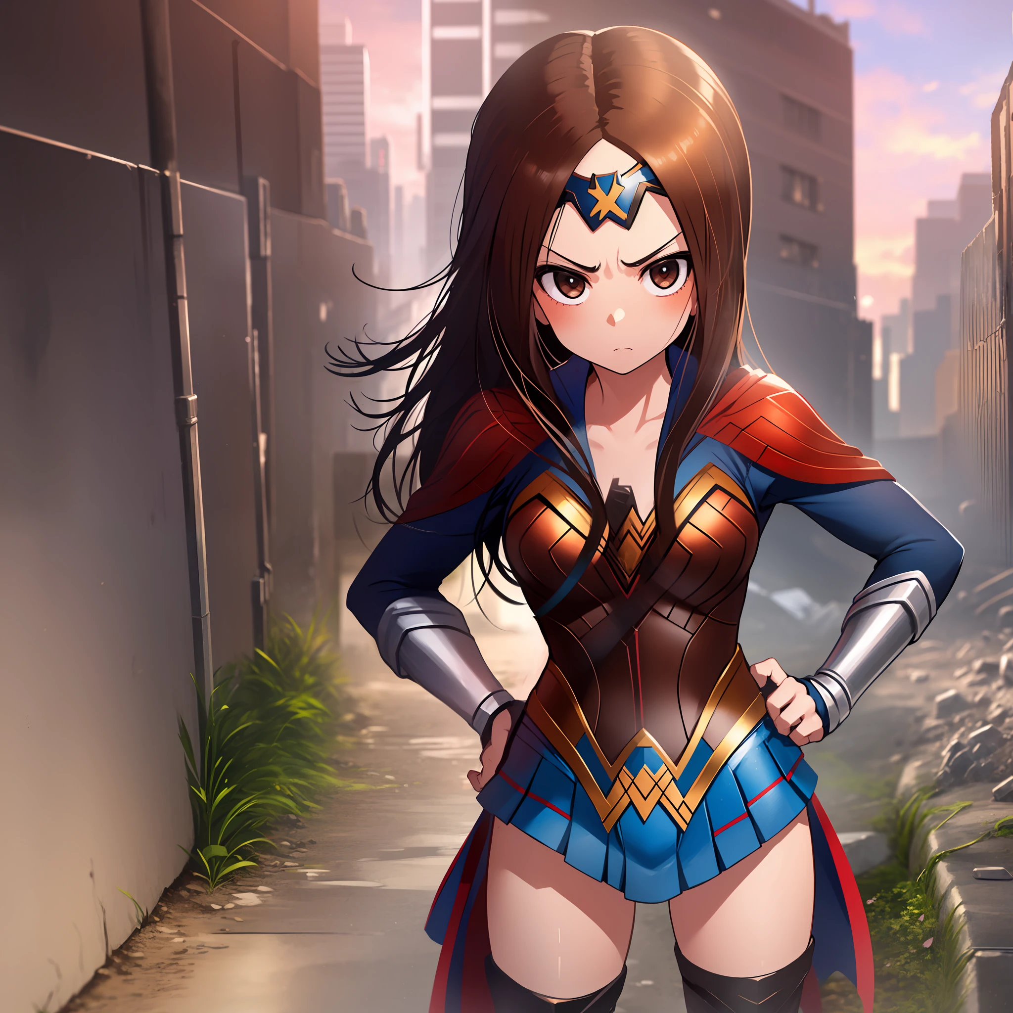 (Masterpiece, Superb Quality, Super Detailed, High Resolution), Female Focus, Little Girl, (Wonder Woman Suit), Angry Emoticon, (Hands on Hips), (((Solo))), City Ruins, Background Details, Full Body