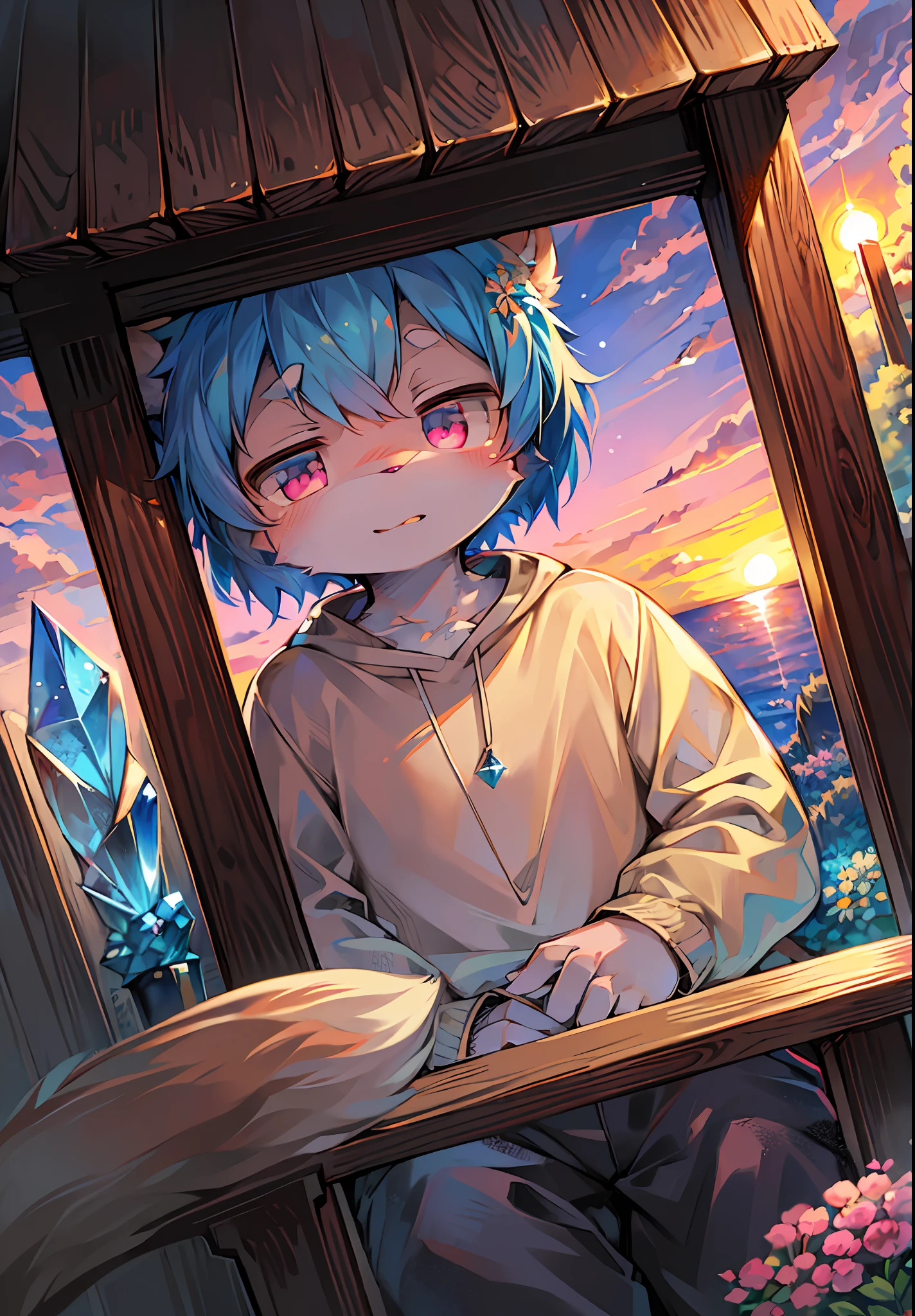 (Bright Environment: 0.8), Masterpiece, High Quality, Abstract Res, Digital Painting\(artwork\), by Dagasi, Yupa, Kiyosan, (Anthro, Fluffy Fur, Character Focus: 1.1), Short Hair, Portrait, Twinkle Eyes, Panorama (detailed background:0.7) Hairy, male, juvenile (full body sweatshirt, fluffy tail, blue-pink eyes, blue hair: 1.2), (bear, bow and arrow, crystal, flower: 1.2), (sunset, ocean, bright, moon: 1.1)