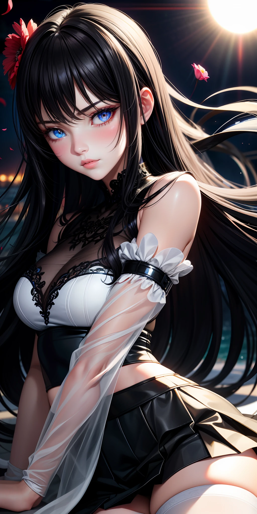 Realistic, 1girl, black hair, blue eyes, glowing eyes, cut top, skirt, parted lips, blush, night, flowers, sun, sunlight, white stockings, seduction, 18 forbidden