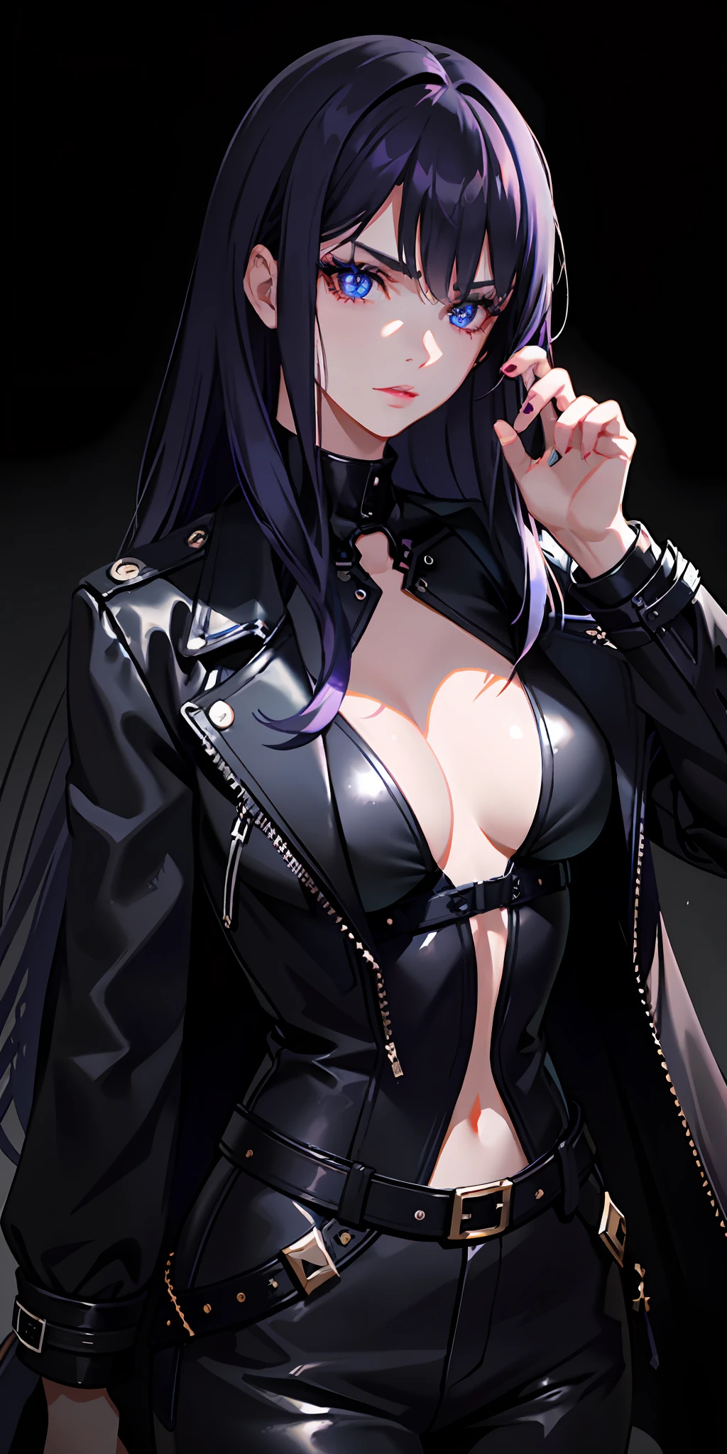 1girl, bangs, dark purple hair half blue, deep and detailed blue eyes, melancholic expression, black leather clothing, serious expression, eyelashes, modern, long hair, slightly wavy hair, neckline, collarbone, black open jacket, lock, medium breasts, shiny skin, badass, seductive, lock, red lips, looking at viewer, closed mouth,cinematic lighting, pale skin, dark background