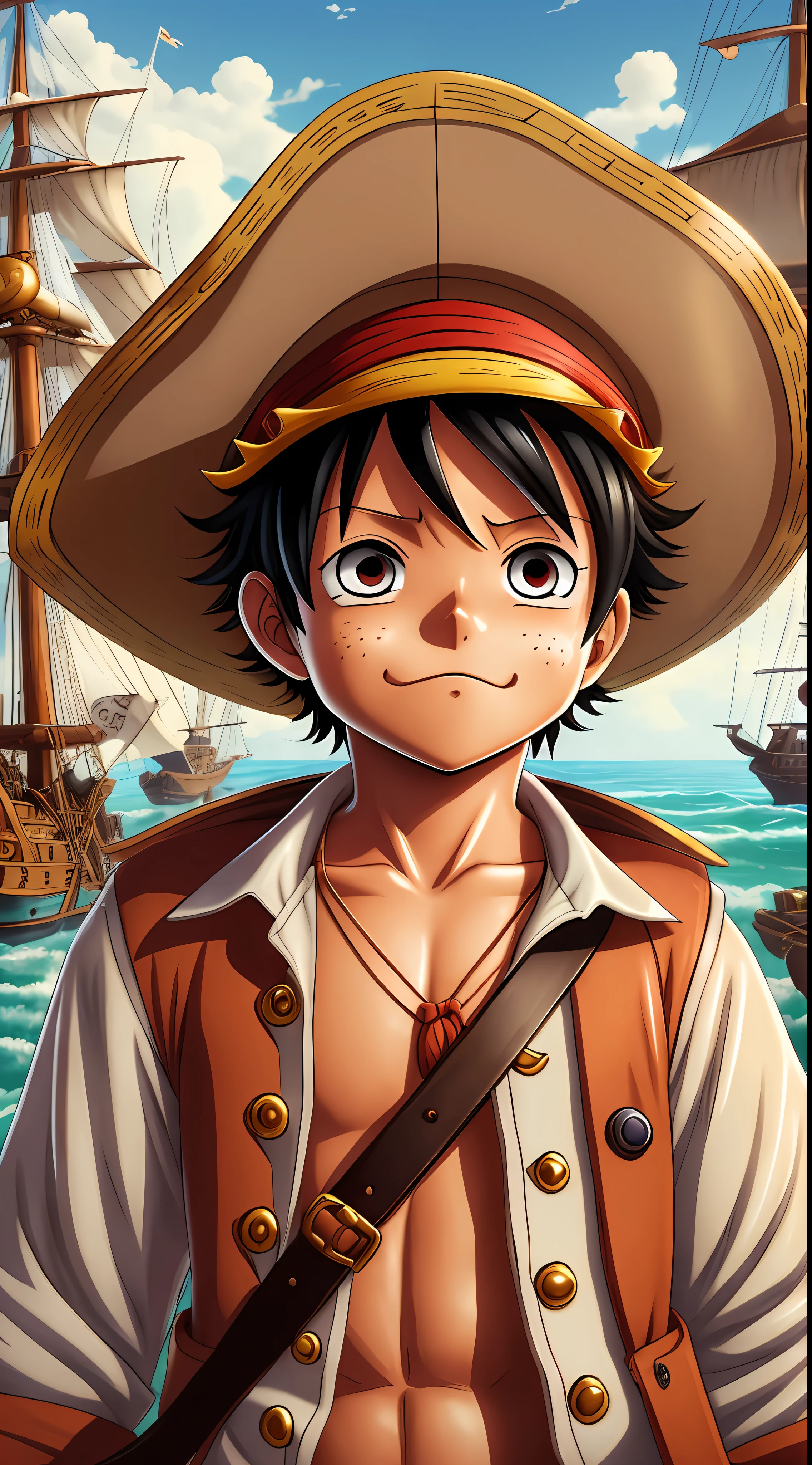 (cbzbb:1.25), portrait of cutest illustration of baby Luffy one piece, artstation, CGI_Animation, sea, pirate ship, pirates
