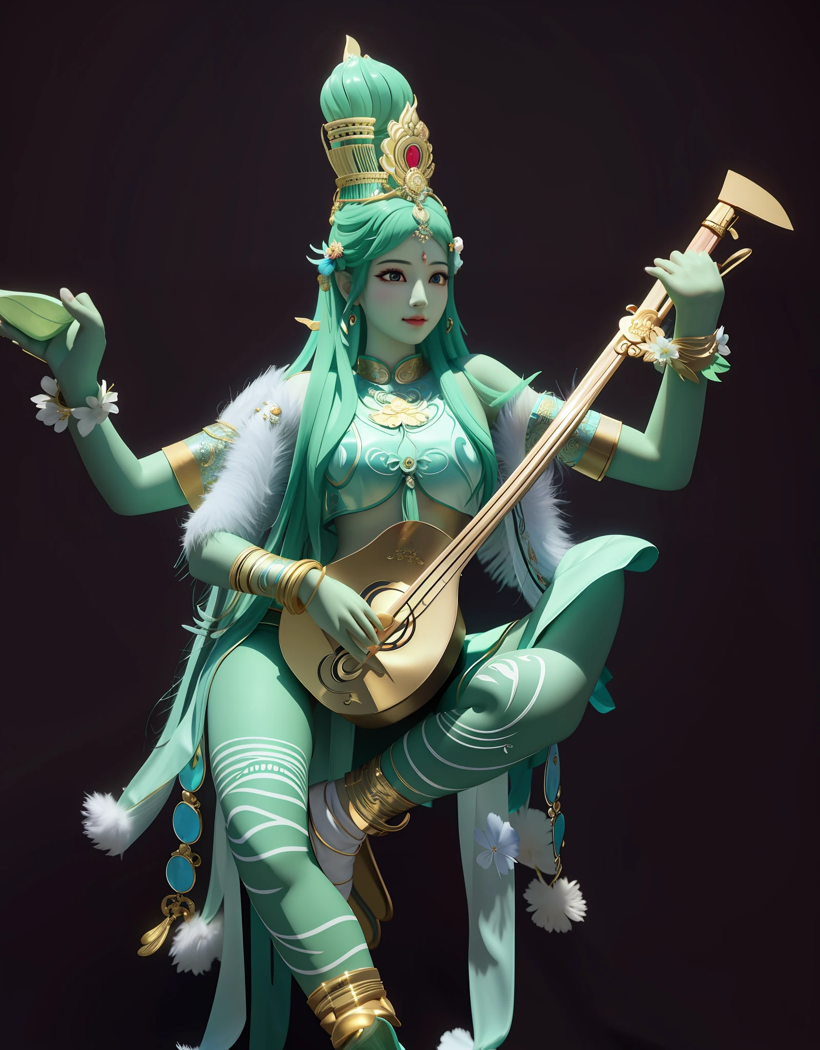 A close-up of a woman playing the pipa, the flying goddess of Dunhuang, with real and natural skin and beautiful dancing. Extremely high detail, extremely detailed goddess shots, Unreal Engine rendering + goddess, 3D goddess portrait, beautiful fantasy queen, beautiful goddess, goddess of love and peace, Hindu goddess, amazing portrait of goddess, anime goddess, Indian goddess of wealth, Indian goddess, flying goddess