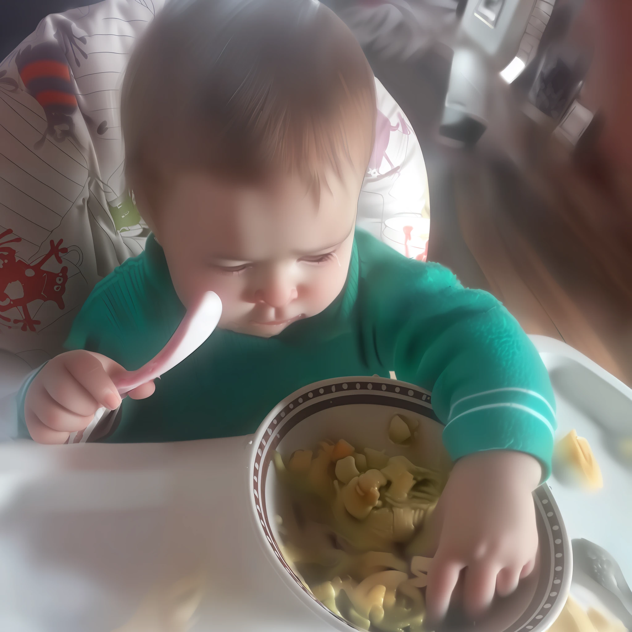 there is a baby that is eating some food in a high chair, messy eater, sitting in his highchair, eating noodles, getting his tacos and drink), having a snack, eating spaghetti, slurping spaghetti, eating spaghetti from a bowl, luca, ready to eat, very detailed!, eating, cheeky!!!, high light on the left, very very happy!