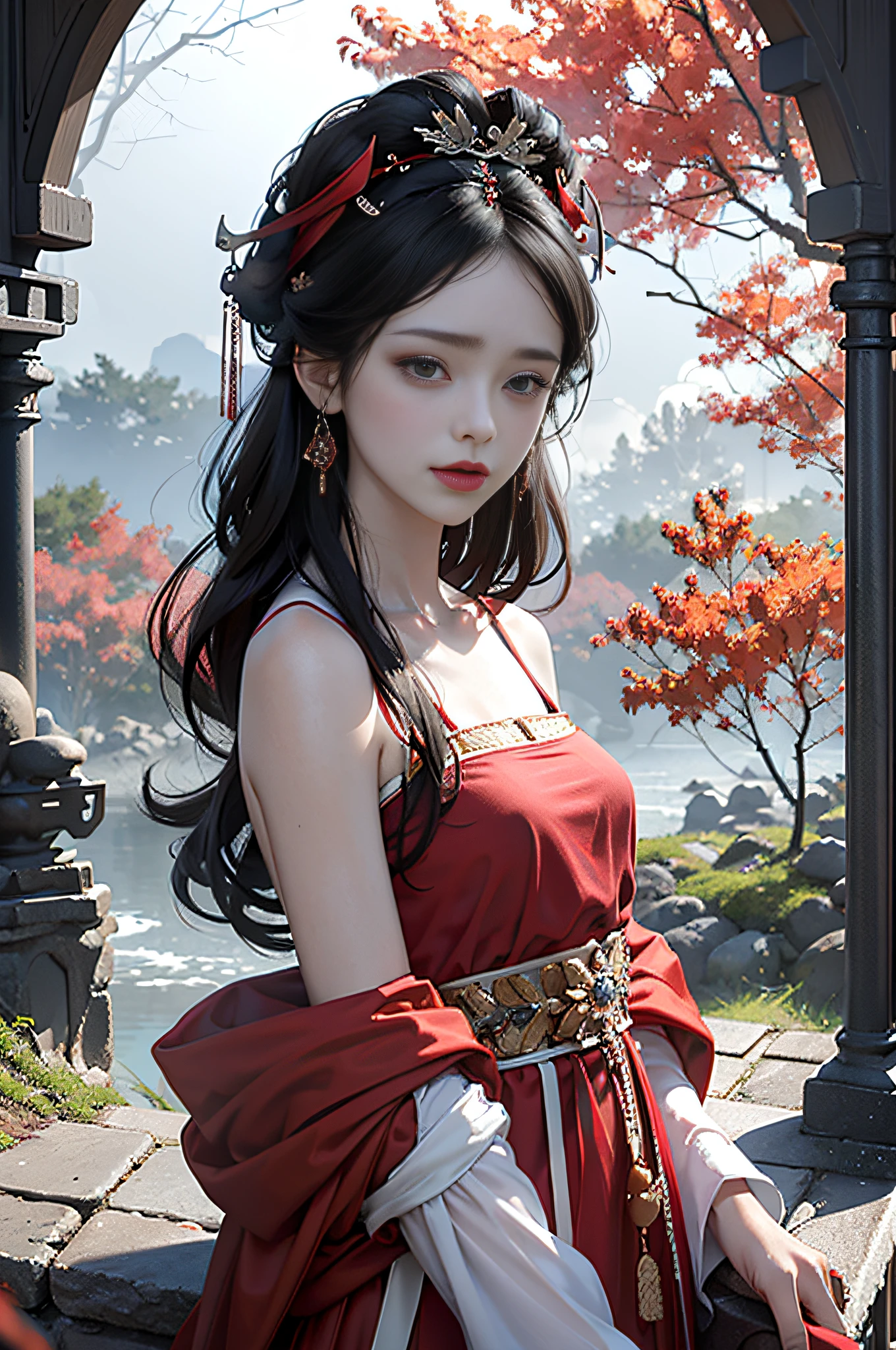 Official Art, Unity 8k wallpaper, super detailed, beautiful, beautiful, masterpiece, best quality, mystery, romanticism, horror, literature, art, fashion, Tang dynasty era, decoration, intricate, embroidery, red hanfu, red tulle coat, 1 girl, black hair, red headband, red hairpin, sad, fatalistic, bust composition, dramatic composition, movie lighting, dynamic perspective, sexy, nudity, full of temptation, red maple forest, maple leaves falling, red maple background, cloudy fog, dramatic composition,