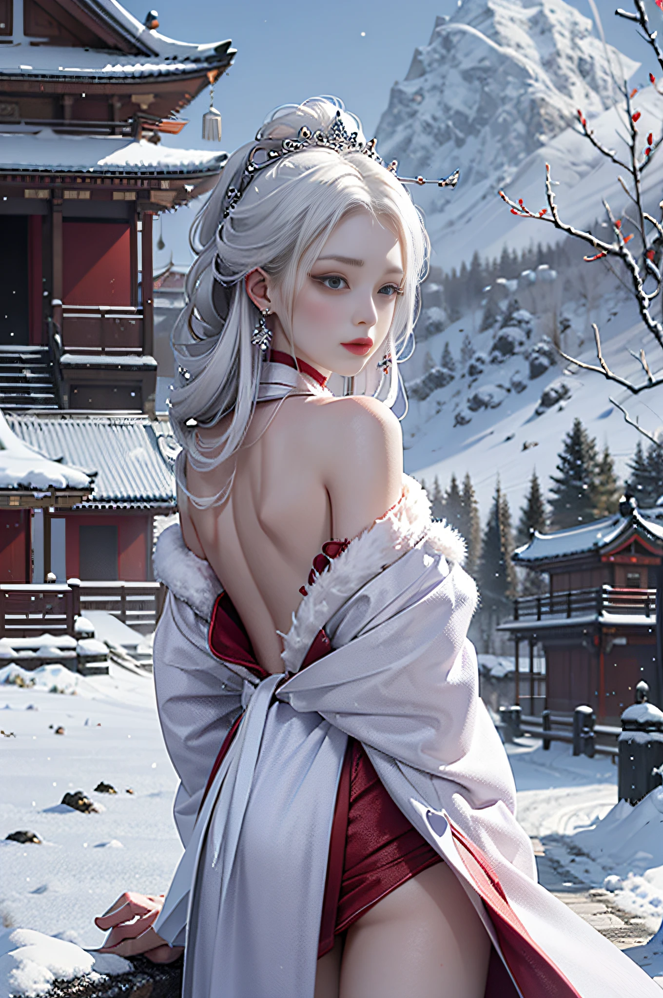 official art, Unity 8k wallpaper, super detailed, beautiful, beautiful, masterpiece, best quality, mystery, romanticism, horror, literature, art, fashion, tang dynasty era, decoration, intricate, embroidery, contemplation, white hanfu, mink fur coat, 1 girl, white hair, dramatic composition, cinematic lighting, dynamic perspective, sexy, bare shoulders, bare thighs, exposed thighs, temptation, winter, snow, snowflakes flying, plum blossoms, background, temple, altar, smoky