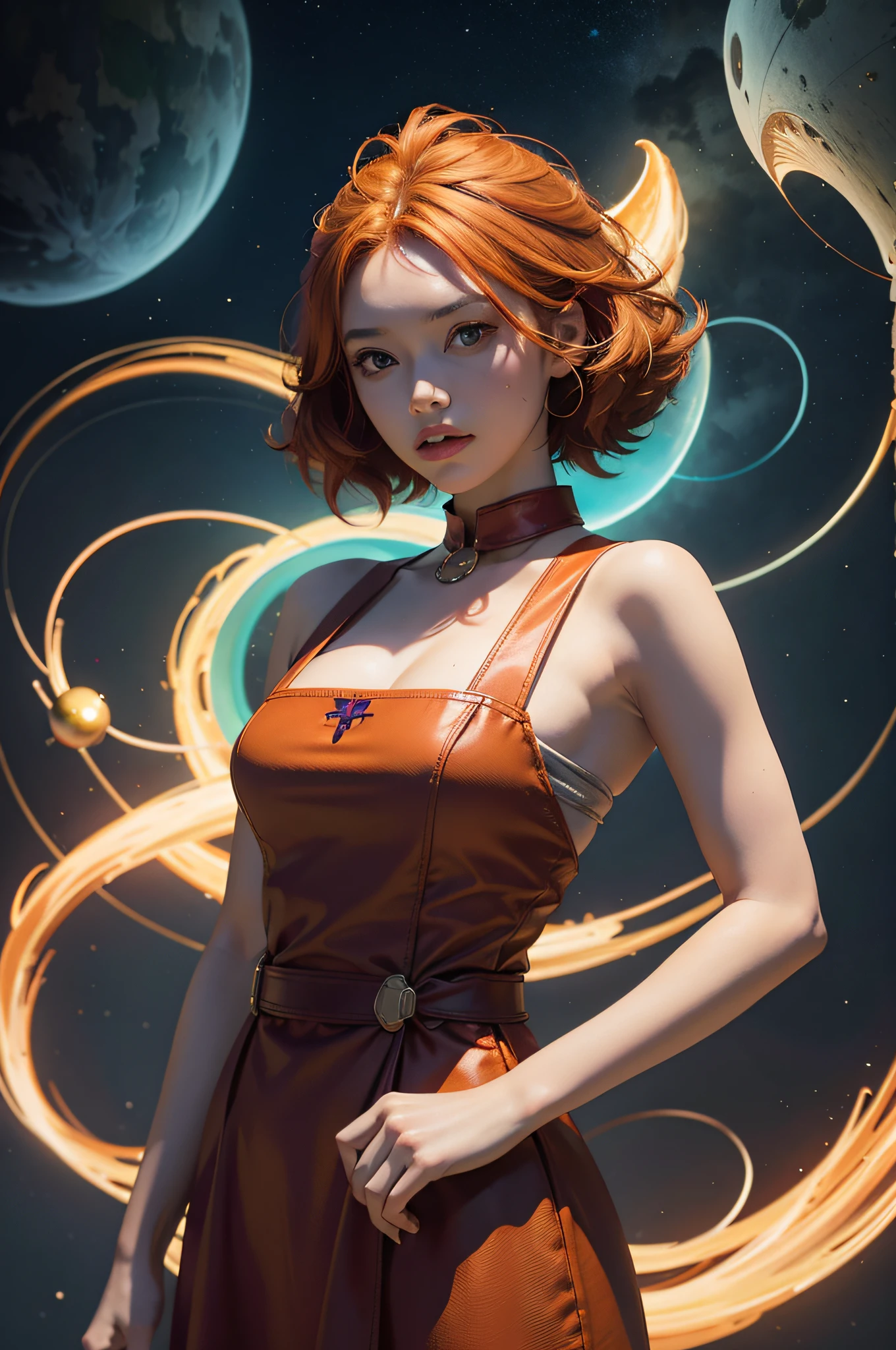 concept art, overhead angle of a Will-o'-the-wisp, wearing Funny Somali Emerald deep orange Pinafore, Caramel hair styled as Short hair, fluorescent purple Hair tie, equirectangular 360, Highres,  [(art by Willi Baumeister:1.1), (art by John T. Biggers:1.2)::17], official art, unity 8k wallpaper, ultra detailed, aesthetic, masterpiece, best quality, photorealistic