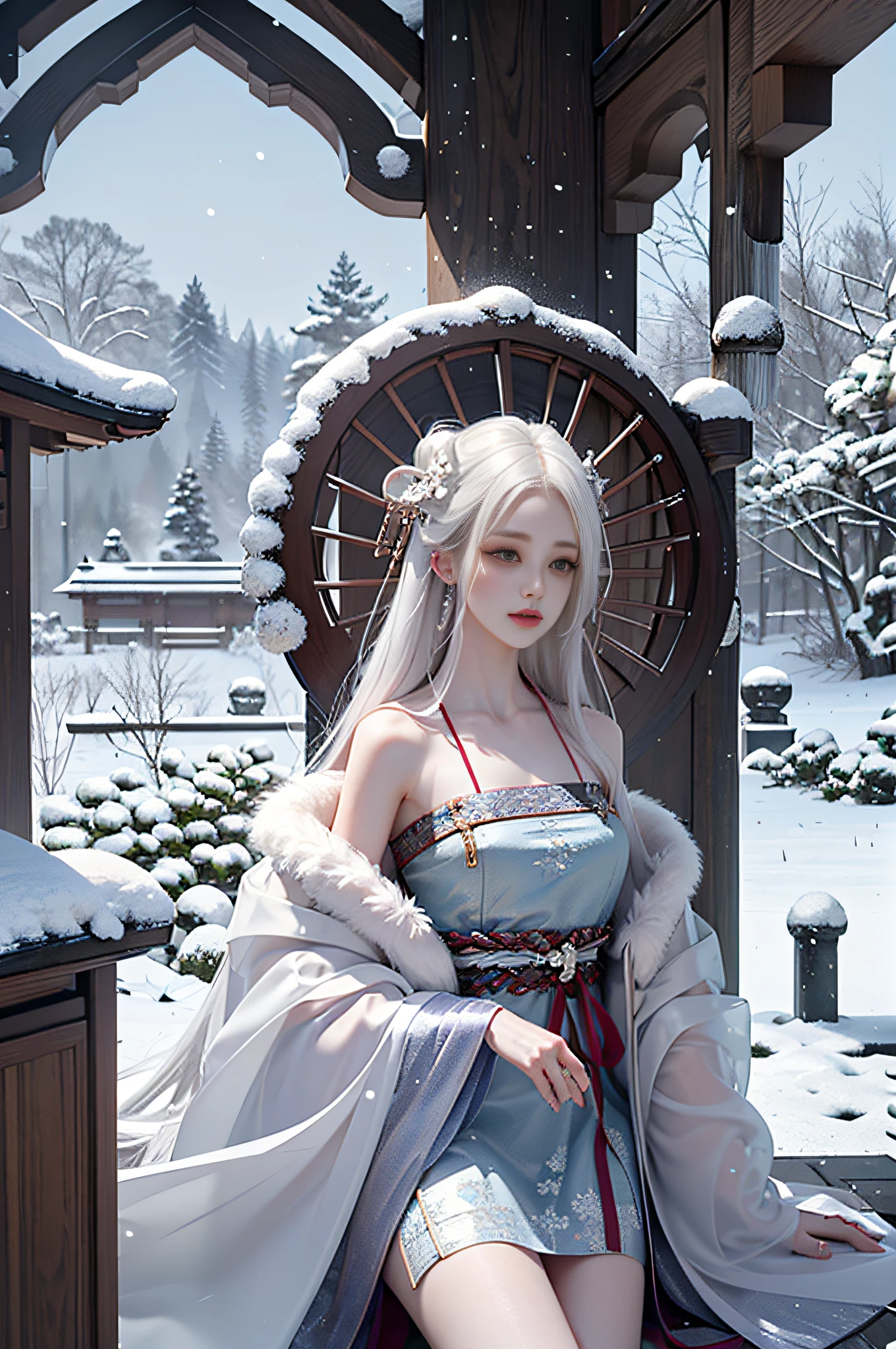 official art, Unity 8k wallpaper, super detailed, beautiful, beautiful, masterpiece, best quality, mystery, romanticism, horror, literature, art, fashion, tang dynasty era, decoration, intricate, embroidery, contemplation, white hanfu, mink fur coat, 1 girl, white hair, dramatic composition, cinematic lighting, dynamic perspective, sexy, bare shoulders, bare thighs, exposed thighs, temptation, winter, snow, snowflakes flying, plum blossoms, background, temple, altar, smoky