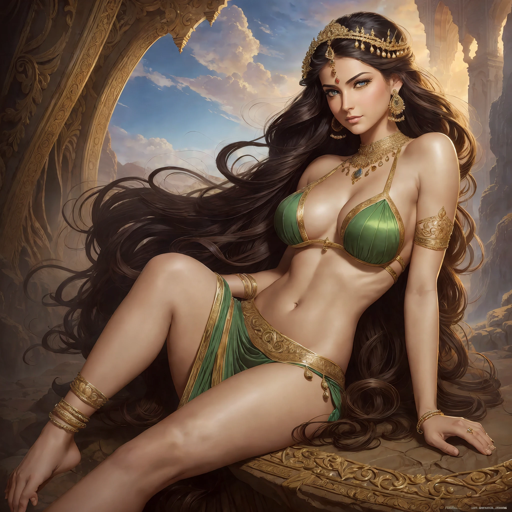 ((realistic:1.5)),((best quality)), ((masterpiece)),((detailed)),
(1girl), (a beautiful female),
(upper body:1.3),super-wide-angle lens,face focus,
mature,sexy,toned muscles,long legs,curvy, barefoot, cleavage,thick thighs,wide hips,
green eyes,long hair,floting hair,long eyelashes,
(detailed face,beautiful eye, detailed pupilss,detailed clothes features, clear background:1.3),
(Bindi,Jhumkas:1.3),
(Dress,Armlet, Haar, Payal,Maang Tikka,Jhumkas,Kamarband,Bangles:1.3),
mysterious ancient ruin, lush forests, deep canyons,bridge,river,cliff,cloud, lakes,rock,waterfalls, flowers, grass, fog,vine,tree, smoke,
best shadow,bright details,sharp,perfect composistion,
Intricate, Sharp focus, dramatic,
(specular lighting:1.3),rim light,
photorealistic painting art,by Frank Frazetta,by Julie Bell,by Olivia De Berardinis,by Luis Royo,by boris vallejo, --auto --s2