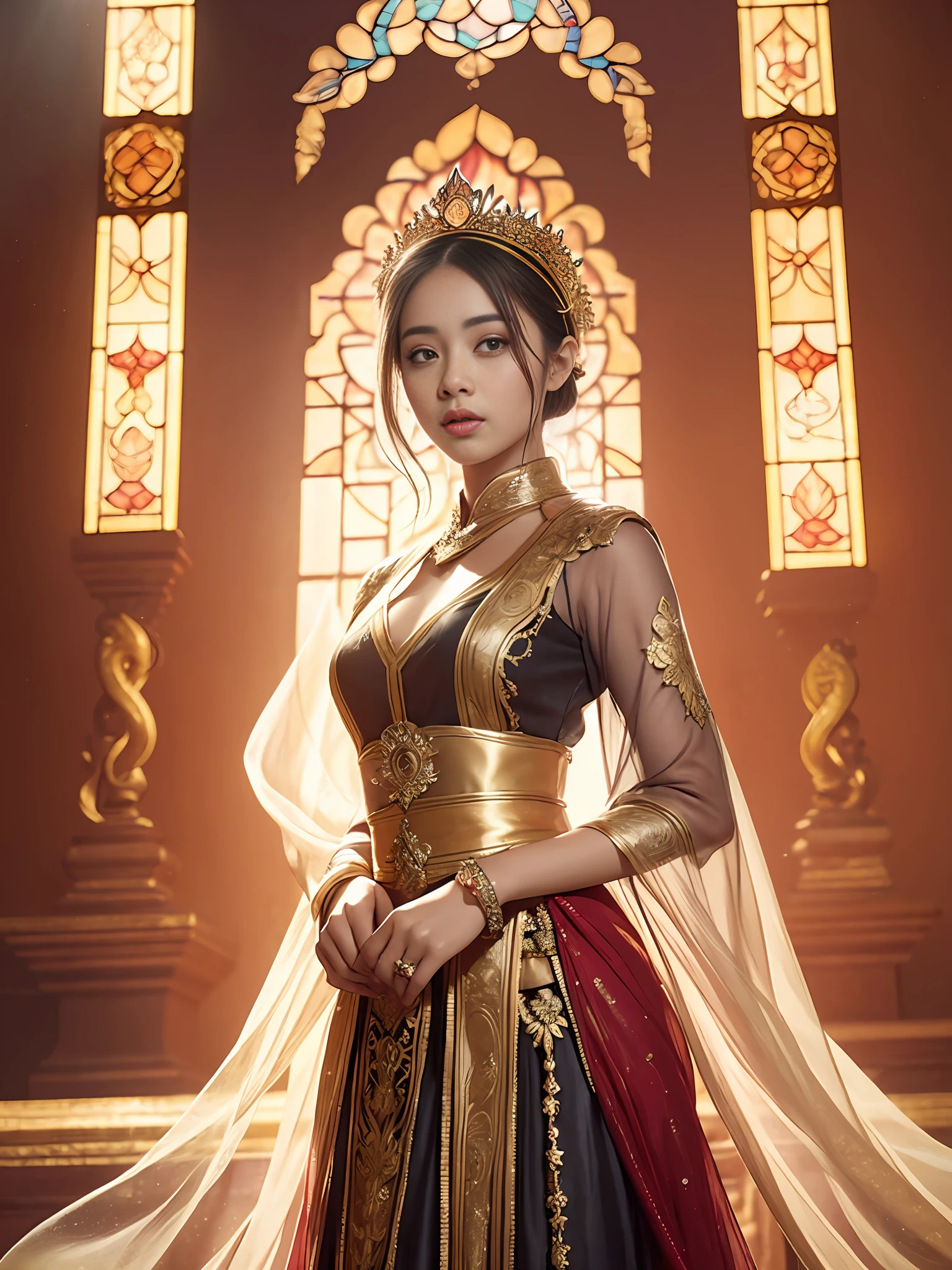 ((Masterpiece)), Exotic potrait of beautiful mira filzah, 1girl, ((malay girl)),slightly darker skintone, full body, perfect body shape, majestic look, editorial pose, holding keris, malay women, malay traditional headpiece, sheer black n gold coloured kebaya, highly decorated covered sheer dress, bright light, dramatic lighting, majestic lighting, no cleavage, mira filzah, dreamy retro photograph, in highly decorated ancient malay palace, light leak, songket, malay, coloured stained glass window light, jawi inscriptions