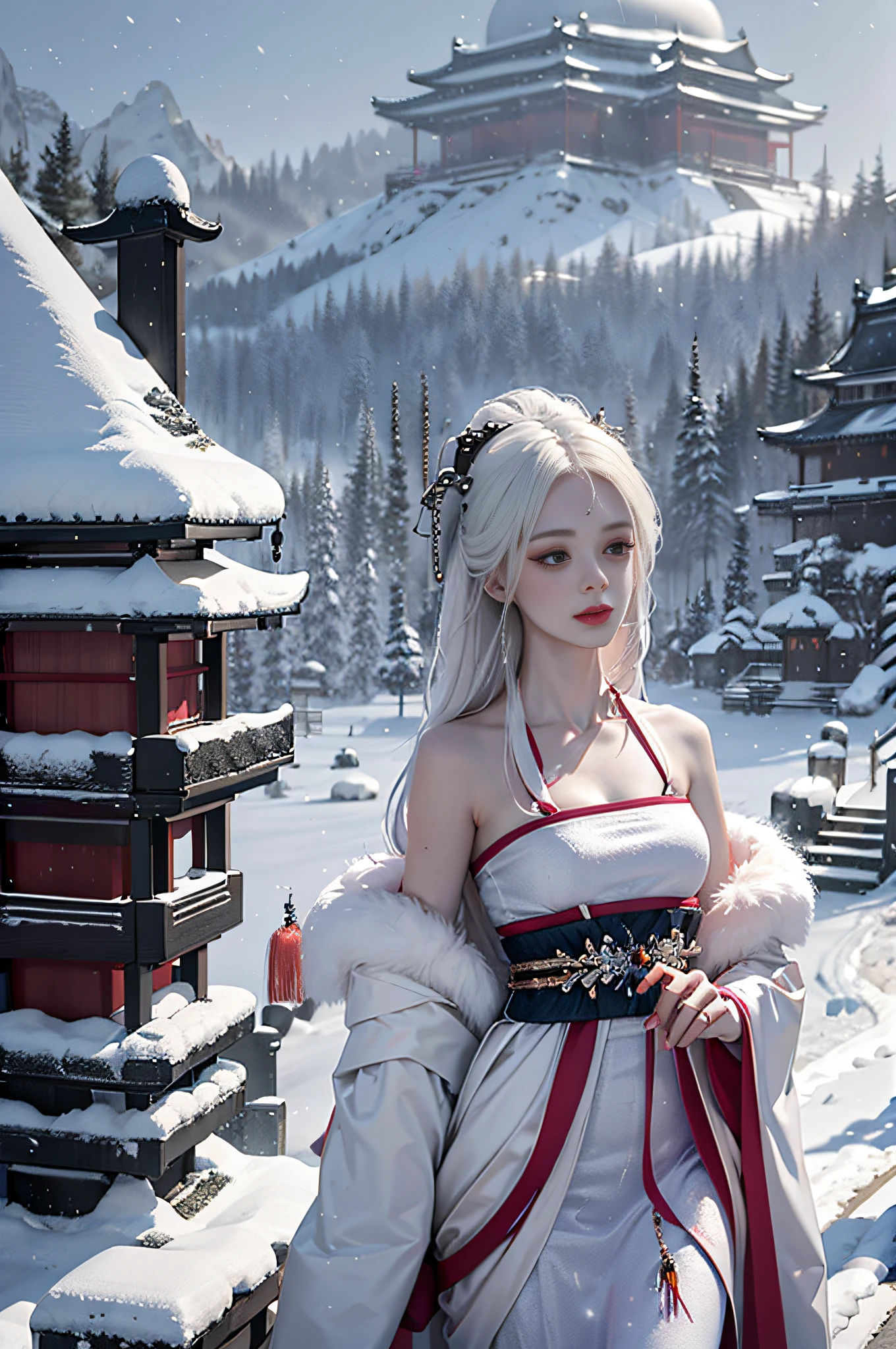 official art, Unity 8k wallpaper, super detailed, beautiful, beautiful, masterpiece, best quality, mystery, romanticism, horror, literature, art, fashion, tang dynasty era, decoration, intricate, embroidery, contemplation, white hanfu, mink fur coat, 1 girl, white hair, dramatic composition, cinematic lighting, dynamic perspective, sexy, bare shoulders, bare thighs, winter, snow, snowflakes flying, plum blossoms, background, temple, altar, smoky