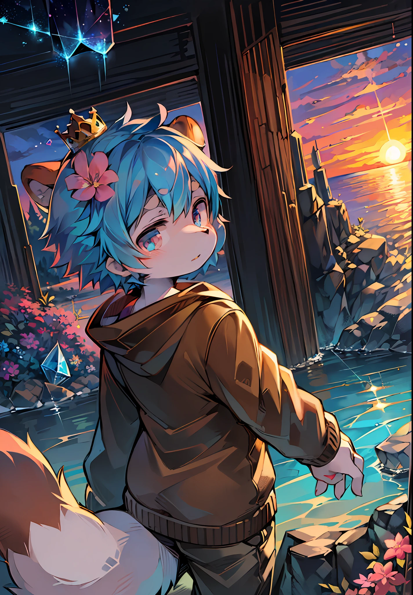 (Bright Environment: 0.8), Masterpiece, High Quality, Abstract Res, Digital Painting\(artwork\), by Dagasi, Yupa, Kiyosan, (Anthro, Fluffy Fur, Character Focus: 1.1), Short Hair, Portrait, Twinkle Eyes, Panorama (detailed background:0.7) Hairy, male, teenager (full sweatshirt, fluffy tail, blue-pink eyes, blue hair: 1.2), (bear, crown, crystal, flower: 1.2), (sunset, ocean, bright, moon: 1.1)