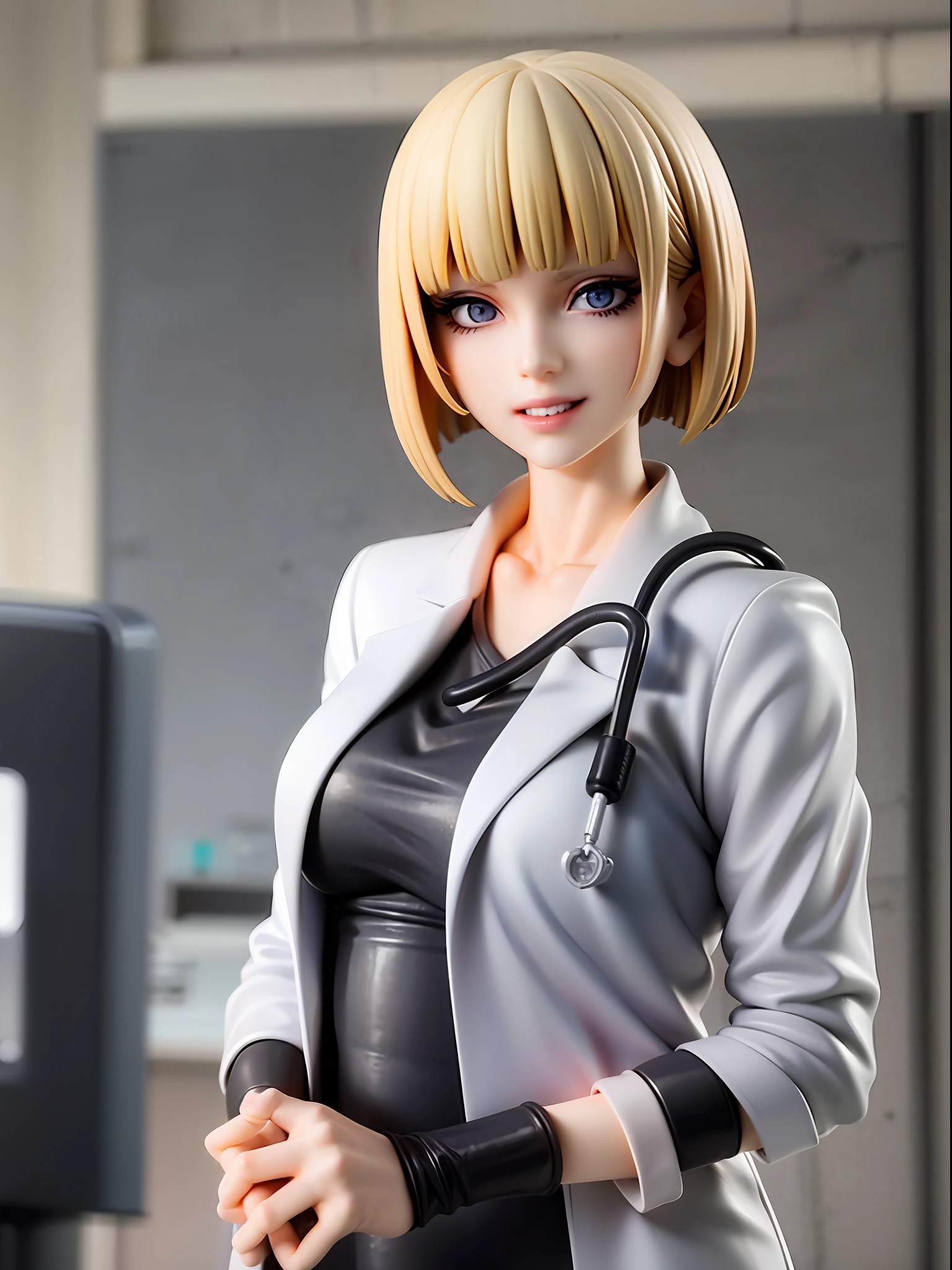 from above,close up, lab coat, evil smile, cigarette, white blouse, black skinny pants, lab coat open, stethoscope around neck, blond wave hair, bob cut, short hair, blue eyes, patient interaction, holding cigarette, holding stethoscope, clinic exam room, patient bed, medical equipment, quiet town outside window