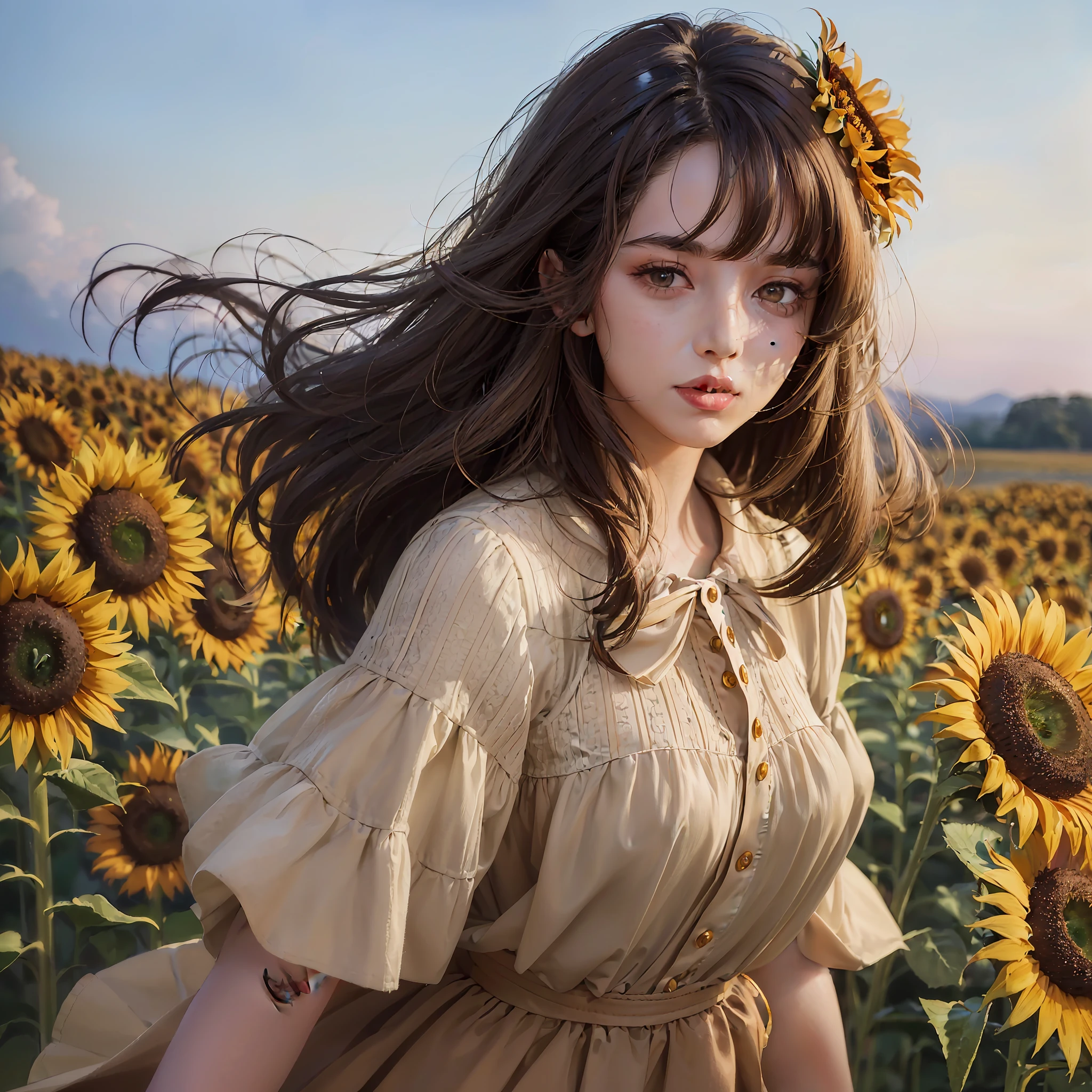 (high quality illustration,masterpiece,best quality),(attractive girl:1.5,dark brown messy hair:1.3,cute brown eyes,attractive lips,beautiful blouse,long skirt),(holding hair,stylish pose:1.2),(field of sunflowers:1.2), looking at the camera, medium angel shot, extremely detailed image, hyper detailed face and body, 32K