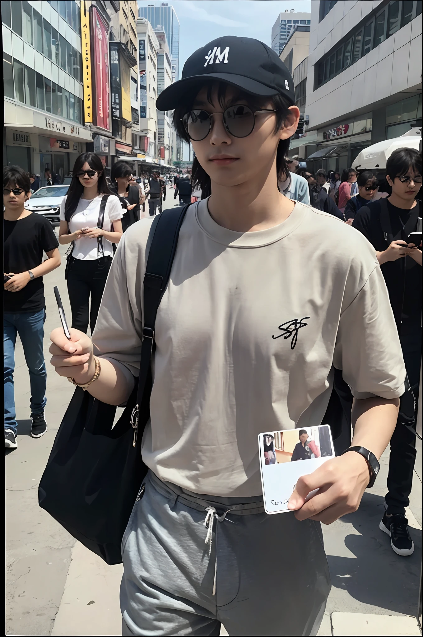 A man, paparazzi, signing autographs, Polaroid