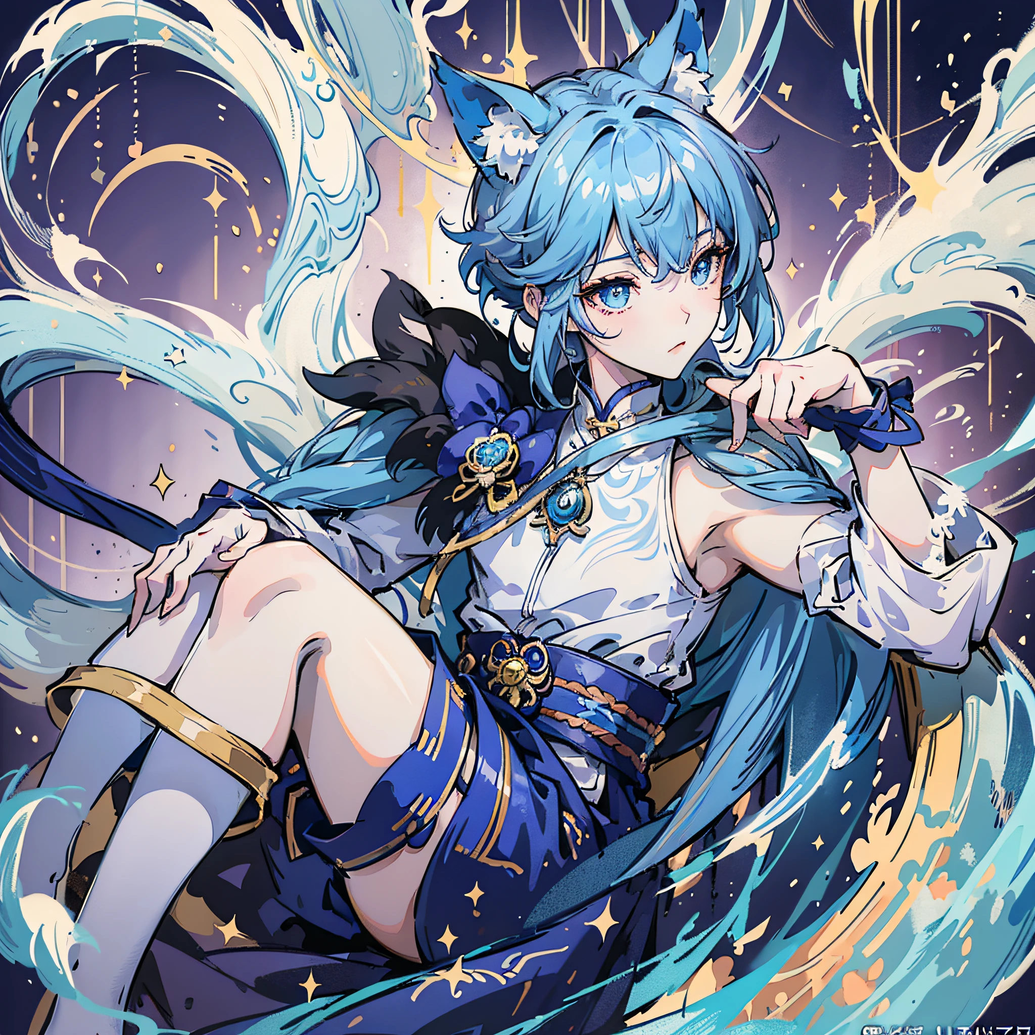 Masterpiece, Ultra Detail, Best Quality, High Resolution, High Quality, Anime Characters, Blue Hair, White Clothing, Genshin Impact Kokiyo, Genshin Impact Character, Remlezze, Arknights, Genshin Impact of Zhongli, Detailed Key Anime Art, Exquisite Hermaphroditic Prince, Shigeri Mueshima Illustration, Genshin Impact Style, Beautiful Hermaphroditic Prince, Key Anime Art, Genshin Impact, Full Body Single Character, Expressionless, Cat Ears, Cat Tail, Blue Eyes, Slim, Animal Ear Fluff , 8K, Best picture quality, neutral style, anime fantasy illustration, high detail official artwork, clear focus --auto --s2