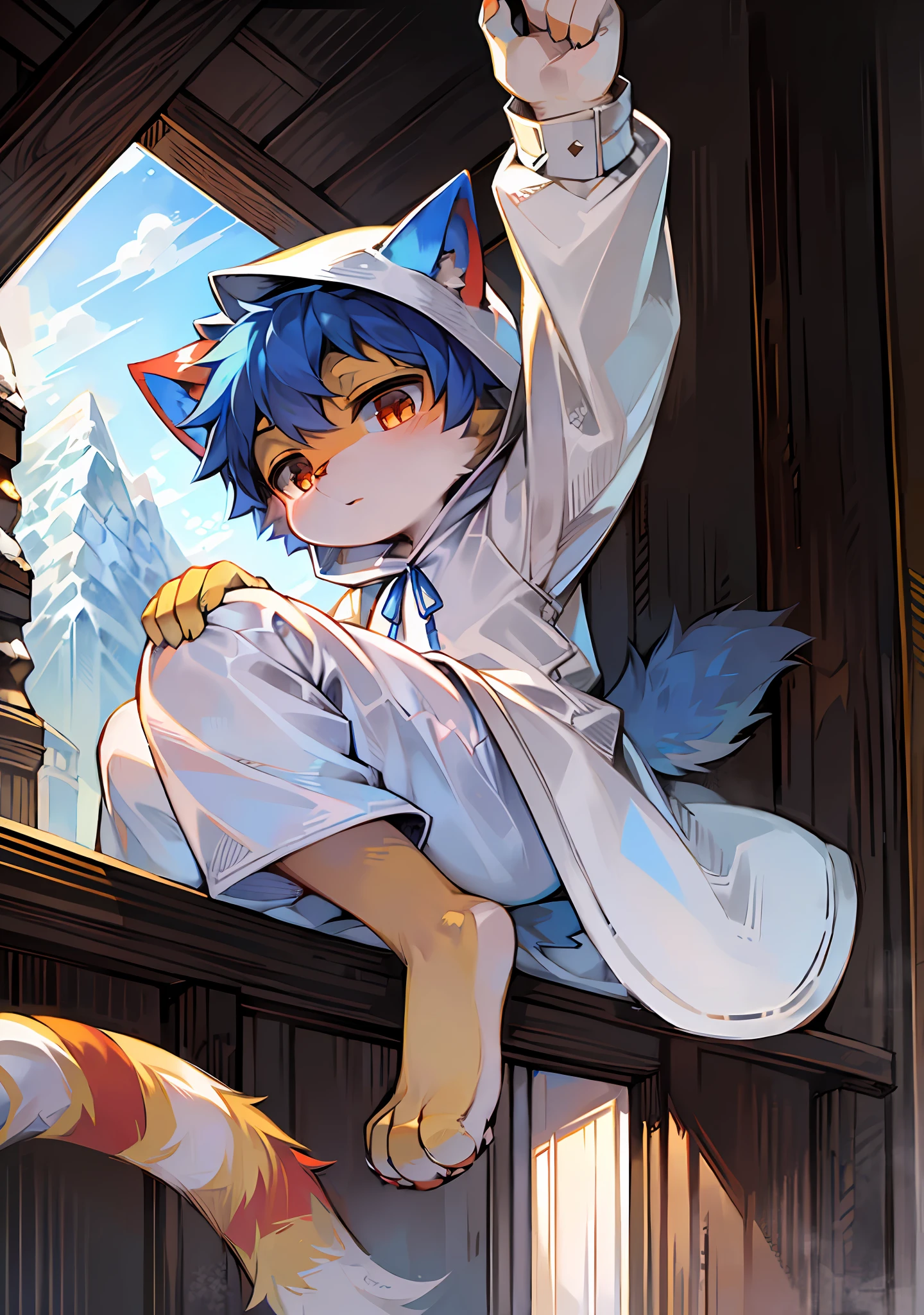 (Ultra Detailed: 1.1+ Masterpiece) + Perfect Lighting, Yellow Fur, (1 Cat Boy: 1.4), (Furry: 1.5+ Super Detailed Fur), Close-up, Super Cute Face, Ruddy Eyes, Looking at the Audience, Solo, Striped Tail, Mountain, BREAK, (Toddler: 0.8), (White Hood: 0.8), White Belly, Backlit, (Red Ears: 0.8 + Blue Ears: 0.8).