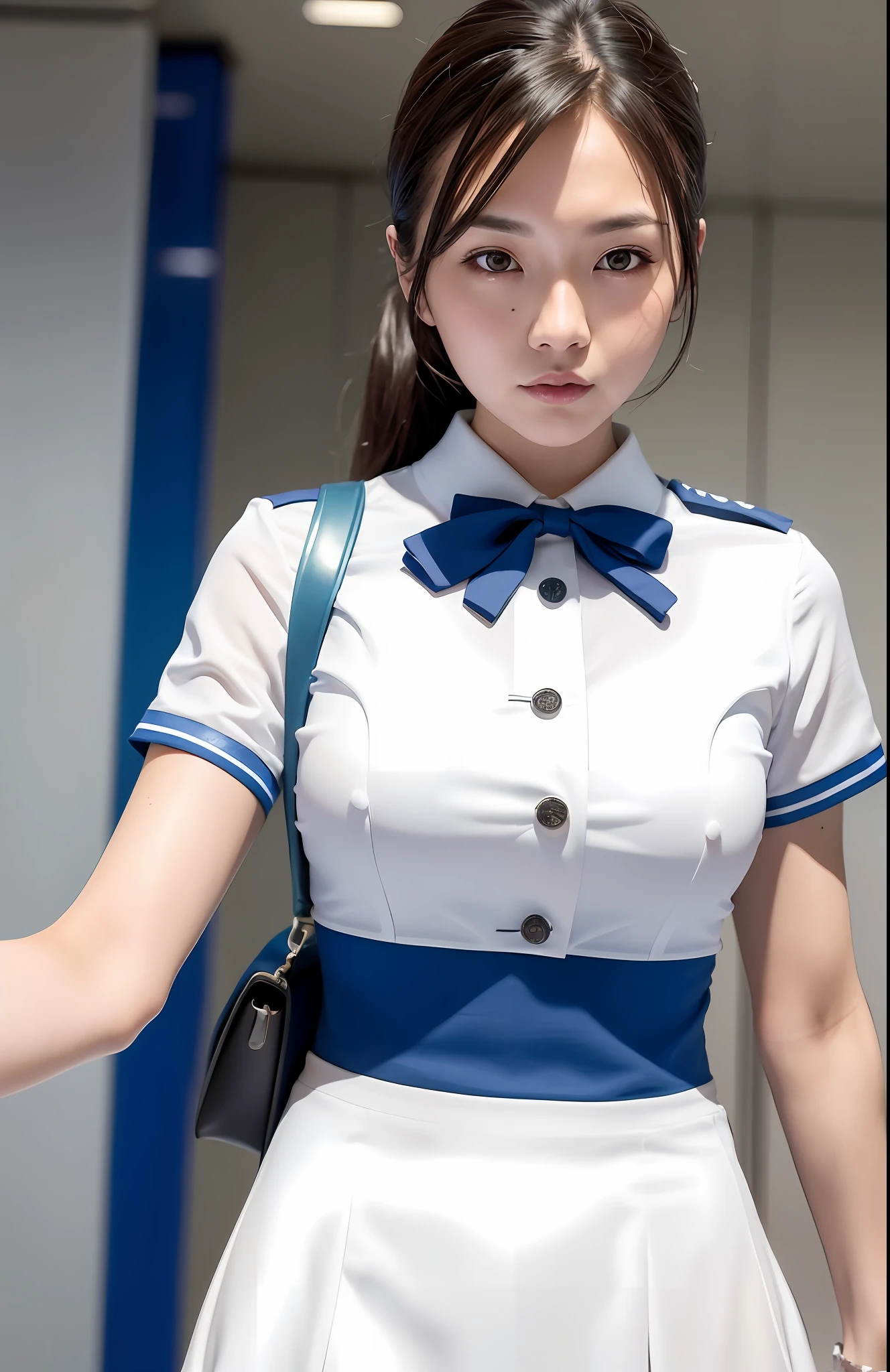 photo of a ultra realistic 4k, hyper realistic, focused, perfect face, beautiful face, lots of fine detail, photography, photorealism, the highest quality, the highest detail, Third-Person View, Long Exposure, 8K, Ultra-HD, ultra details, award-winning photography,
stewardess, in airplane, short hair, ponytail, Korean, Korean idol, Korean beauty, full body, white skirt, blue short sleeve Korean airline uniform,