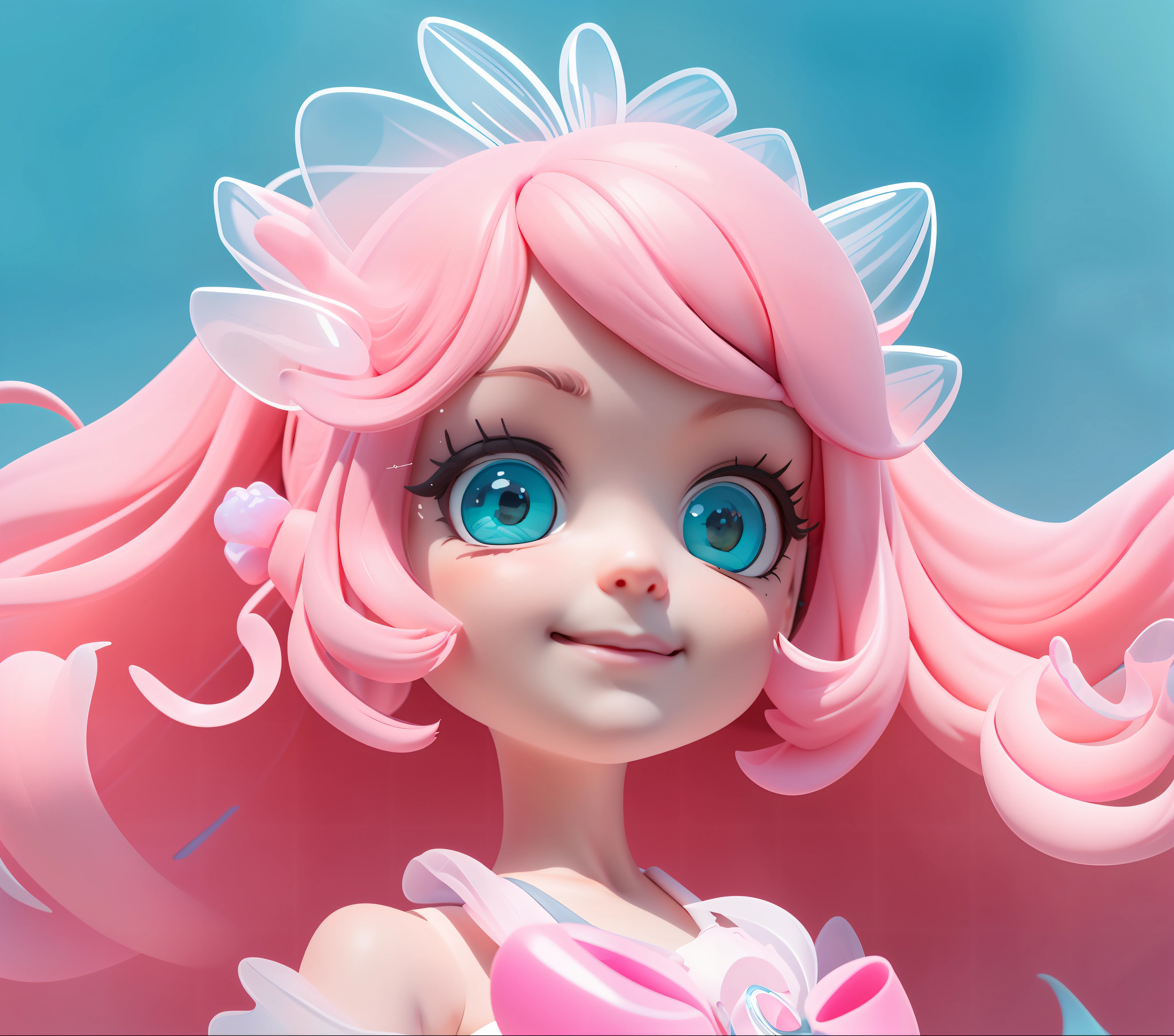 Detailed plastic material, (same character, front, side, back)) best quality, (very detailed model), (best quality), octane rendering, ray tracing, very detailed, 3D toy, exaggerated giant hair, little girl (full body) (3D hair, cute hair accessories, ((kids)), beautiful eyes, cute big eyes, cute face, pink green gradient, drum skirt, cute skirt, chib, fluorescent translucent, colorful, plastic, children, transparent, product design, glowing jelly, delicate cute plastic, aesthetic light and shadow 3d, digital art, translucent plastic bubblegum, close-up, 3d, super detailed, generate front view, side view, rear view triple view, borderless, c4d, Octane rendering, Blender, HD, full body, smile