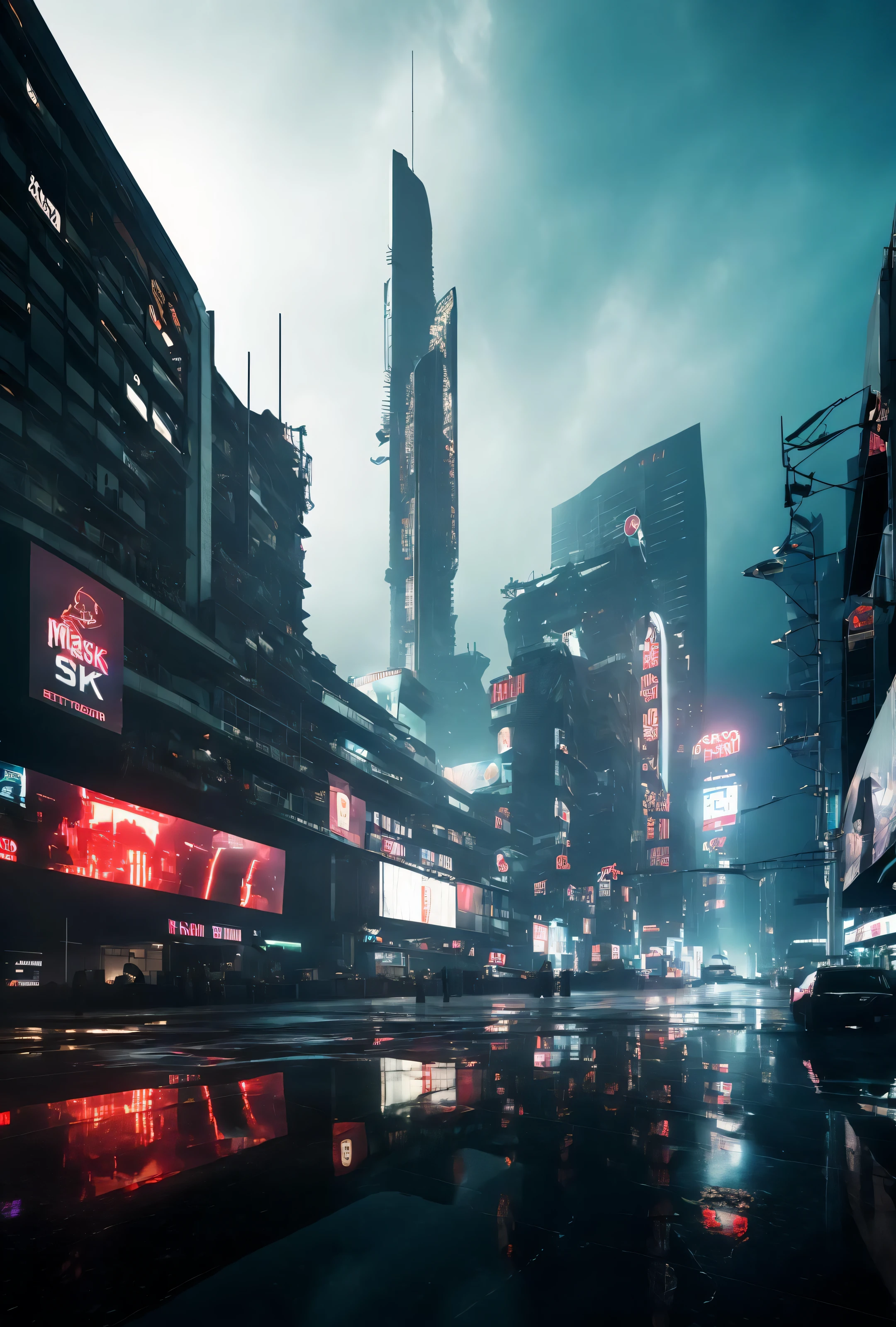 ((masterpiece, best quality)), 8k, modern architecture style, photo realistic, hyper detailed photo, clean sky, ruined city, cyberpunk,night,rain