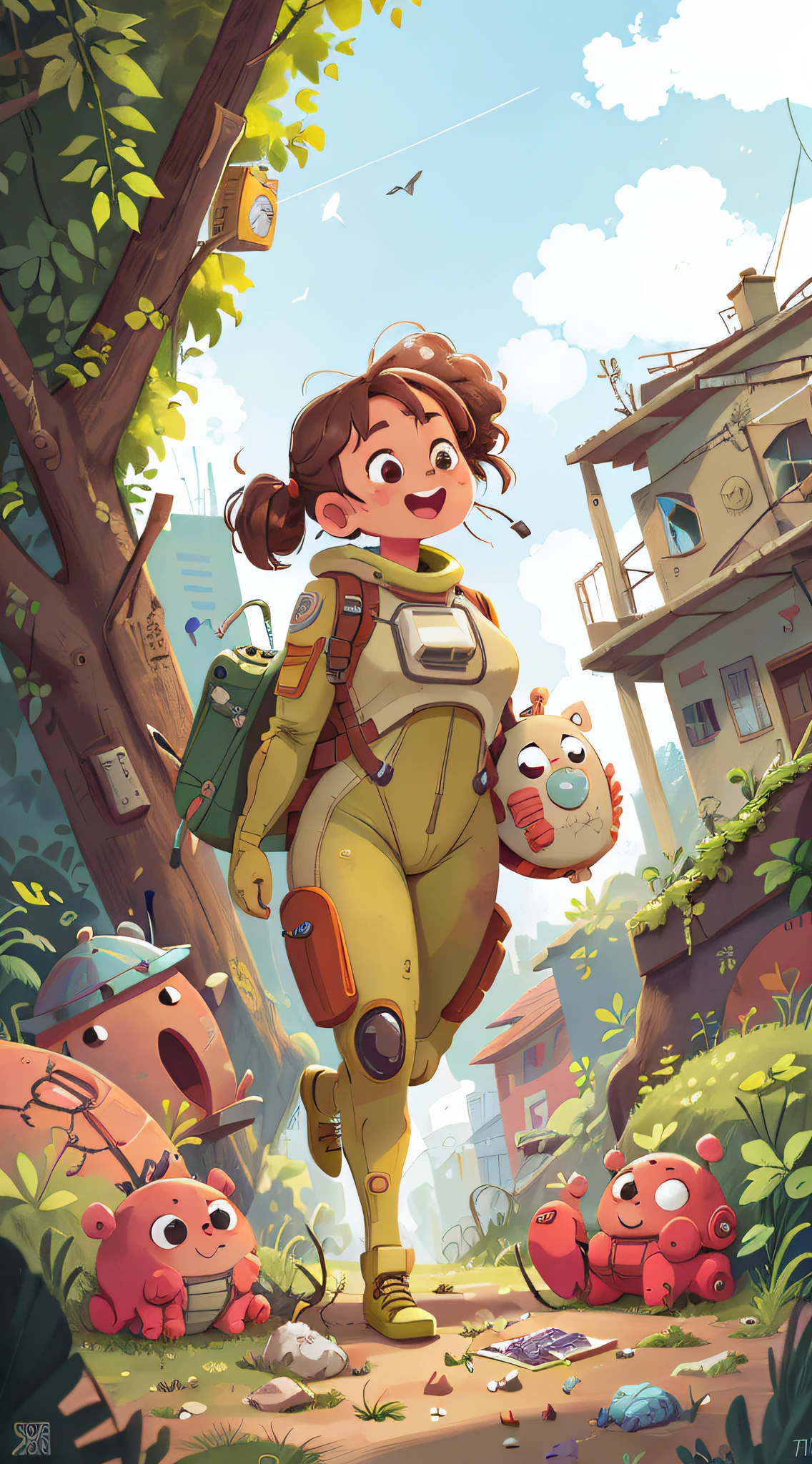 (Scifi) An adultredhead, adventure, space suit, backpack, abandoned city, sewer, dirt, garbage, abandoned old house in the background, happy, happy, perfect quality, clear focus (clutter - house: 0.8), (masterpiece: 1.2) (realistic: 1.2) (bokeh) (best quality) (detailed skin: 1.3) (complex details) (8K) (detail eyes) (sharp focus), (happy), (full body) (proportional whole body), clean background, long vision composition, 85MM SHOT