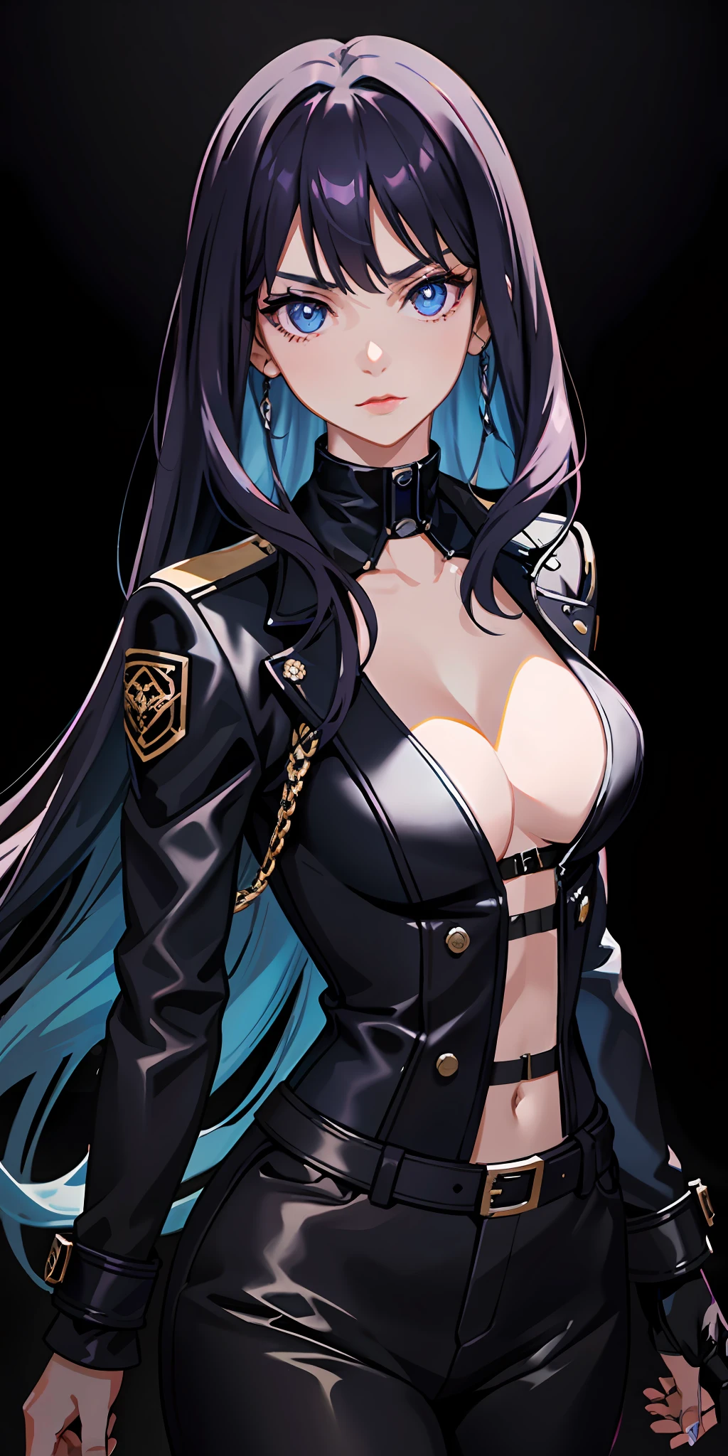 1girl, bangs, dark purple hair half blue, deep and detailed blue eyes, melancholic expression, black leather clothing, serious expression, eyelashes, modern, long hair, slightly wavy hair, neckline, collarbone, black open jacket, lock, medium breasts, shiny skin, badass, seductive, lock, red lips, looking at viewer, closed mouth,cinematic lighting, pale skin, dark background