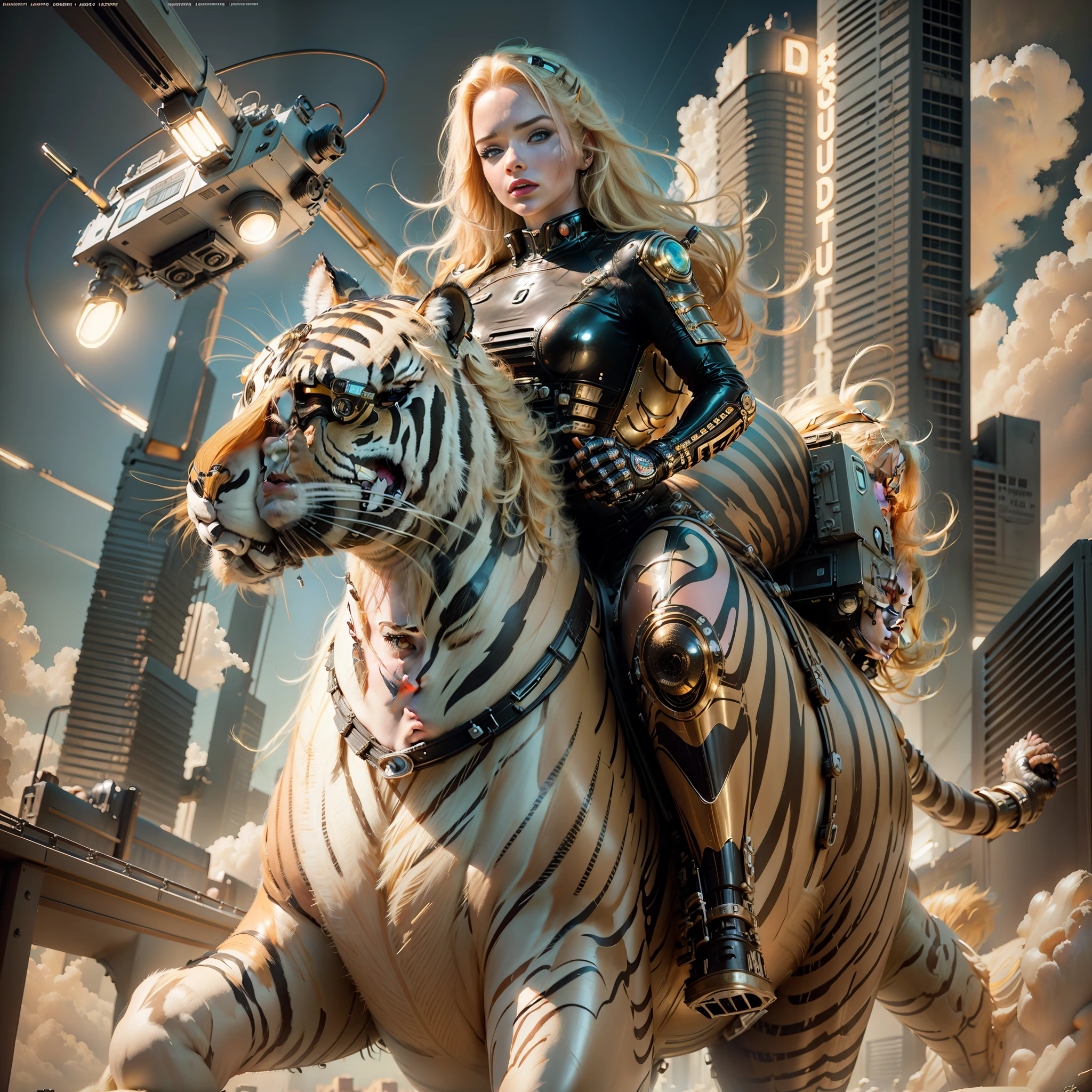 blonde beautiful girl, riding a tiger, with a boombox-radio, on her back, martin ansin, , martin ansin artwork portrait, key art, official poster, artgerm julie bell beeple, deco, retro scifi, delirious, retro sci-fi, retro sci - fi, official print, character poster, retro poster
