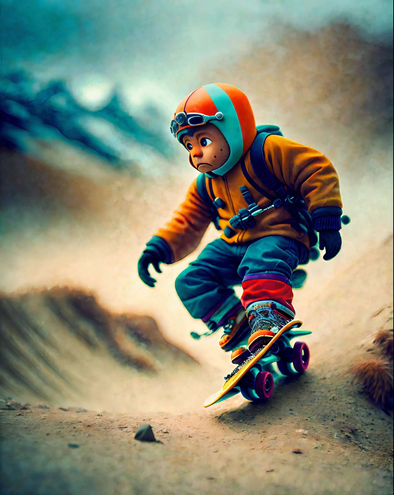 ipopotamo downhill skate in fog, medium format photography, tilt shift photography, cinematic, cinematic color grade, film composition, bokeh, lens flare
