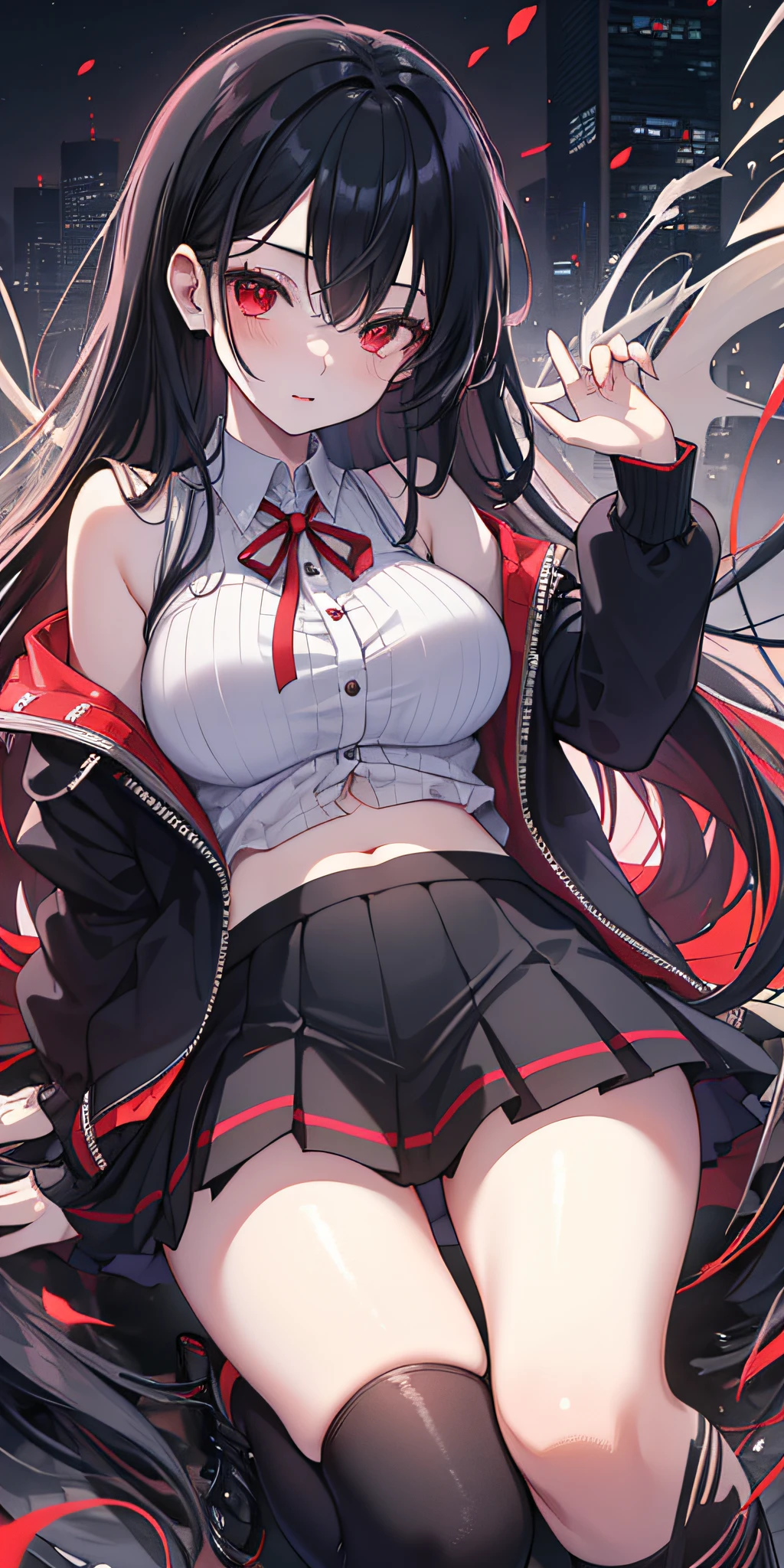 (Masterpiece: 1.2, Best Quality), (Fine Beautiful Eyes: 1.2), (Very Detailed CG Unity 8k wallpaper, Masterpiece, Best Quality, Ultra Detail, Best Shadow), (Detailed Background), (Beautiful Detail Face, Beautiful Detail Eyes), High Contrast, (Best Lighting, Extremely Delicate and Beautiful), 1girl, (Colored paint splashed on transparent background, Dulux,)), Dynamic angle, Partially unbuttoned, huge_filesize, girl, Hair over the shoulder, ridiculously long hair, black hair, striped hair, red and black hair, ahog, red eyes, medium breasts, collared shirt, jacket, (navel), bare_shoulders, short skirt, crossed laced_footwear, kawaii, dusk backlight, landscape, cityscape, full_moon, night, bareleged, serious, giggle