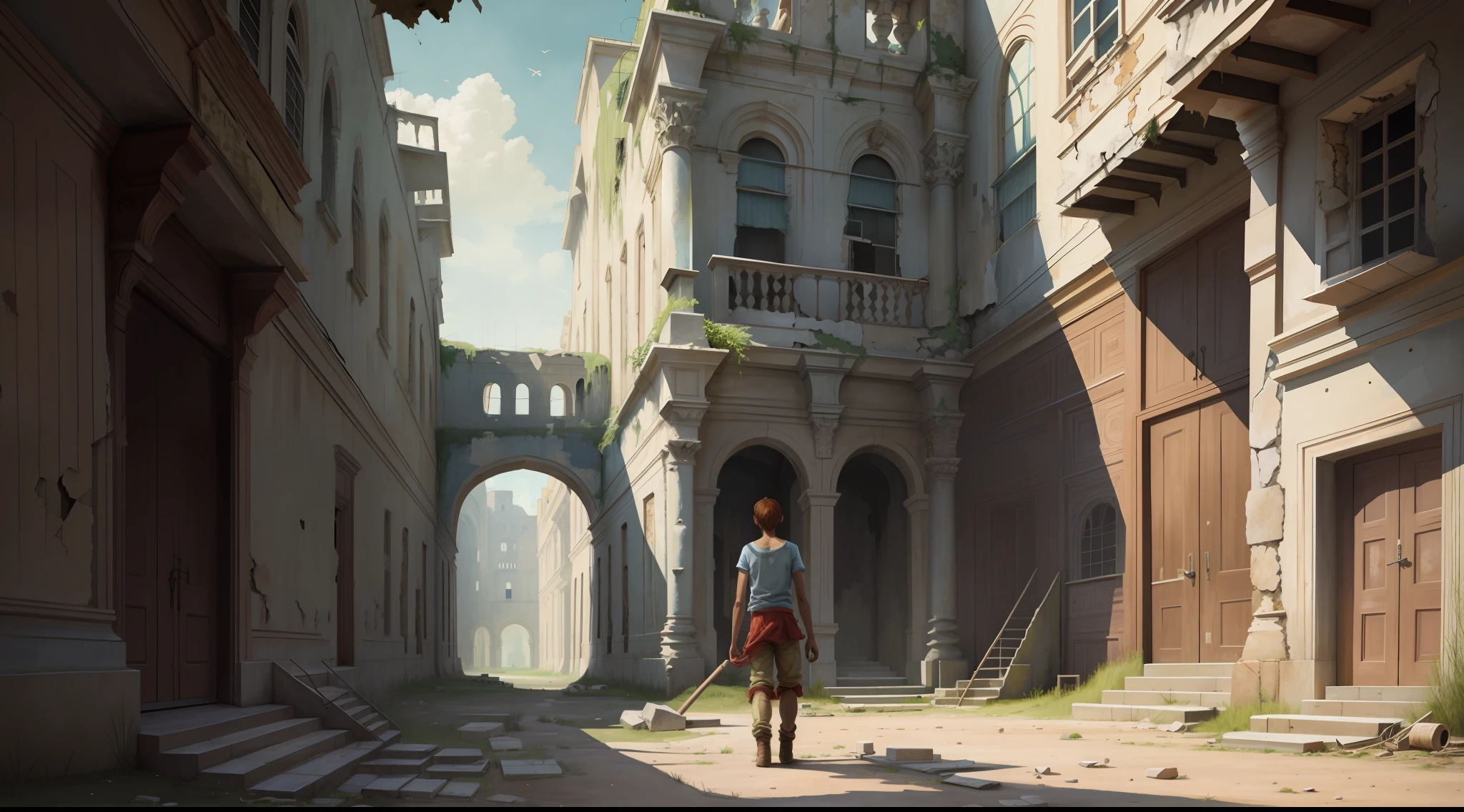 The male protagonist observes the surrounding environment, the background is tattered and dark palace,