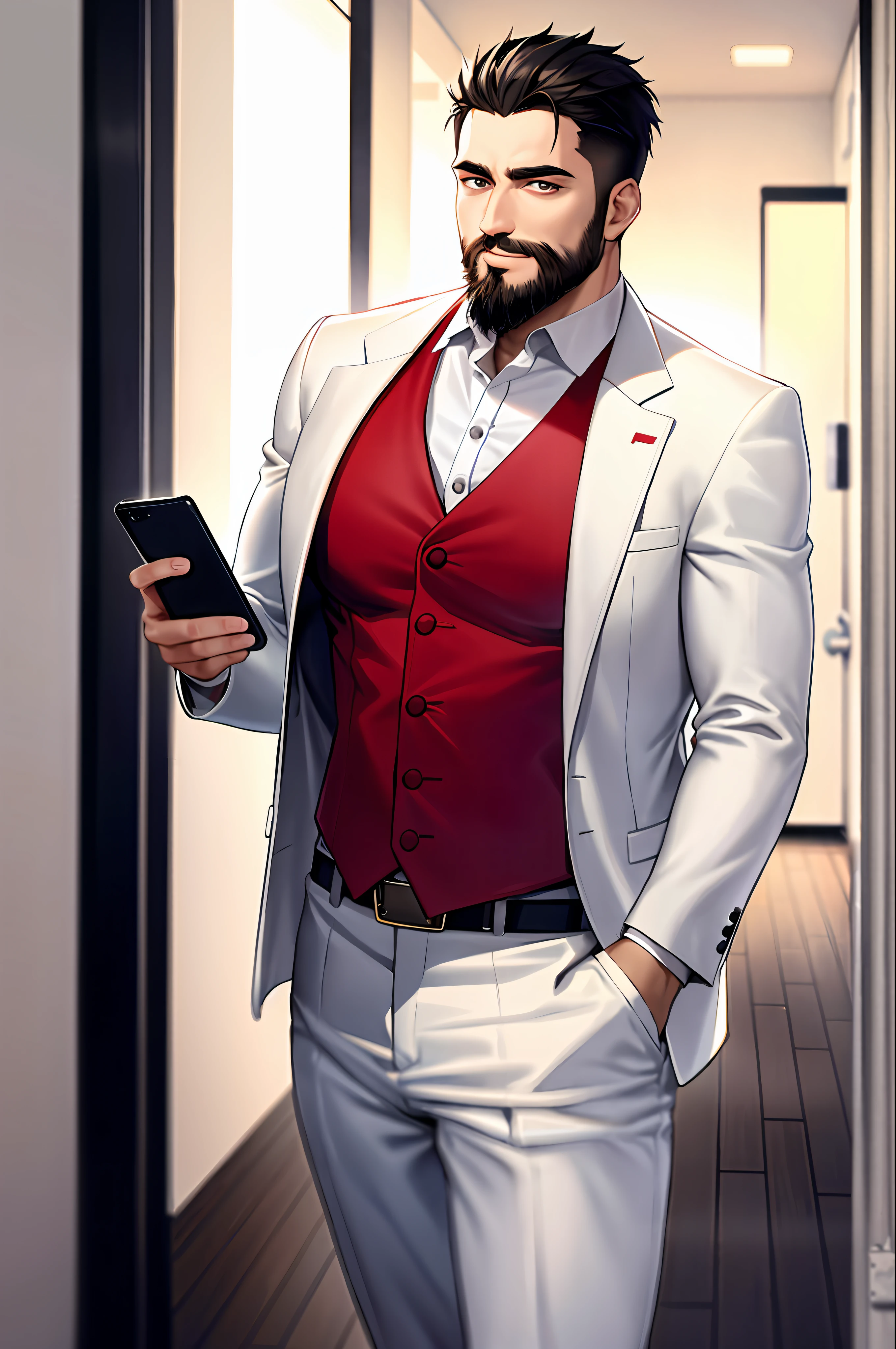 A man with short hair, a beard on his face, holding a mobile phone to make a call, a white suit and a red shirt, standing in the corridor,