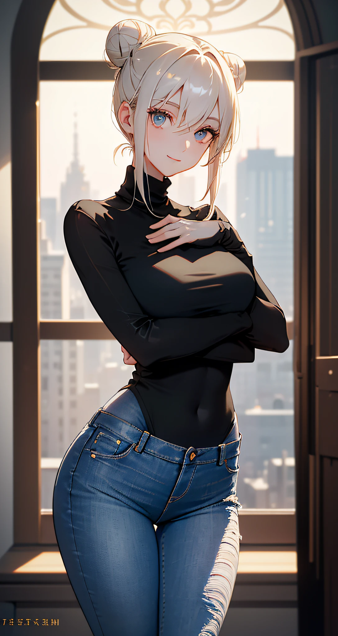 (((Masterpiece))),(Top Quality:1.4), 4K, 8K,(High Resolution),(Beautiful Detail Face:1.3),(Eye Highlight:1.2),(1 Woman),( Middle Breasts ), (Hair Bun | Twisted Hair), (Loose Jeans), (Revealing Black Turtleneck:1.2), Curves, Beholder, (Revealing Breeasts:1.2), (City View: 1.3),Window, Full Body, From Under, (Perfect Body: 1.3), (Beautiful Detail Eyes: 1.4), Soft Light, Warm Light, Delicate Light, (Slender:1.3) ,Beautiful Girl, delicate eyes, perfect eyes,((blurry)),little smile,front light